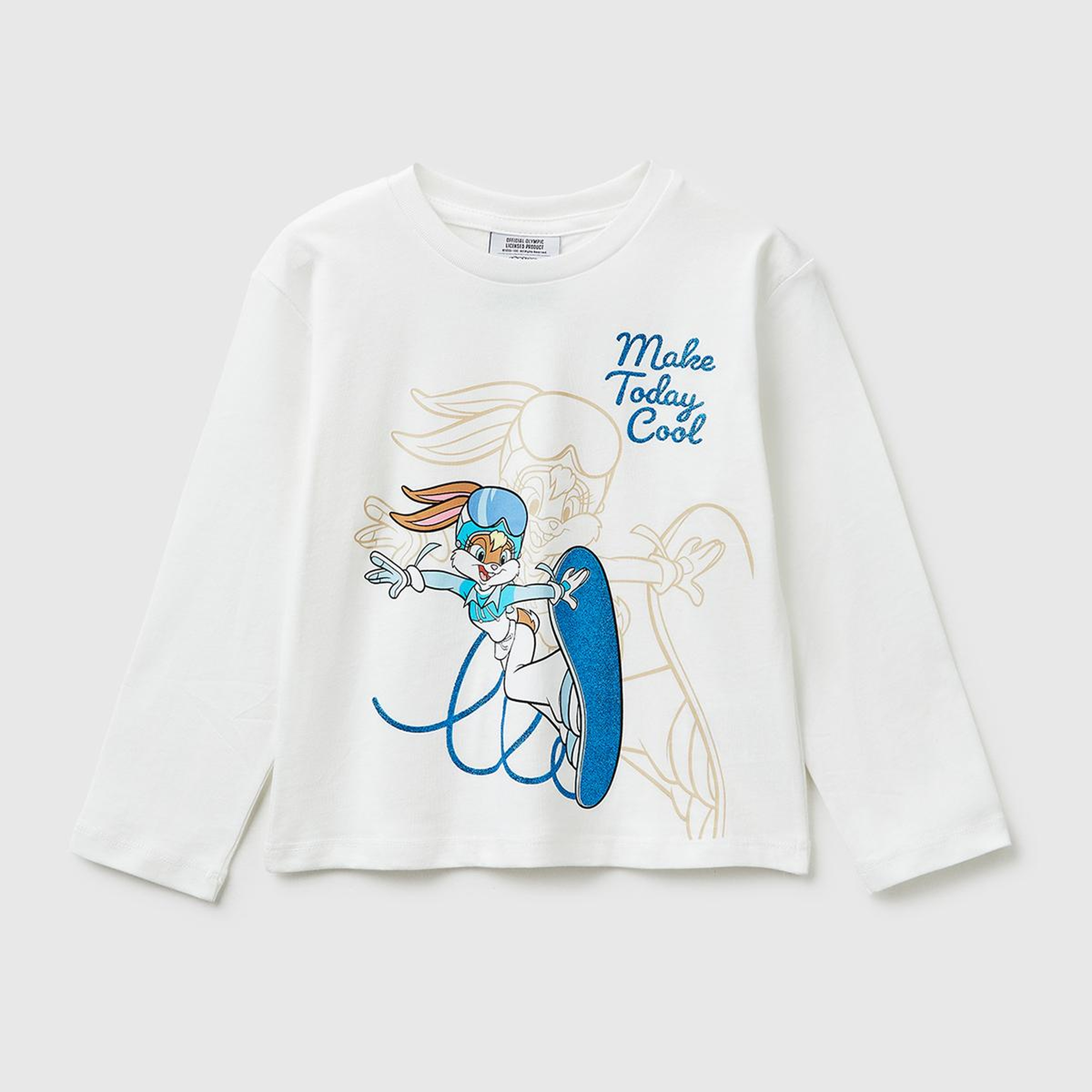 Kız Çocuk Beyaz Looney Tunes Baskılı Yuvarlak Yaka Uzun Kollu T-Shirt