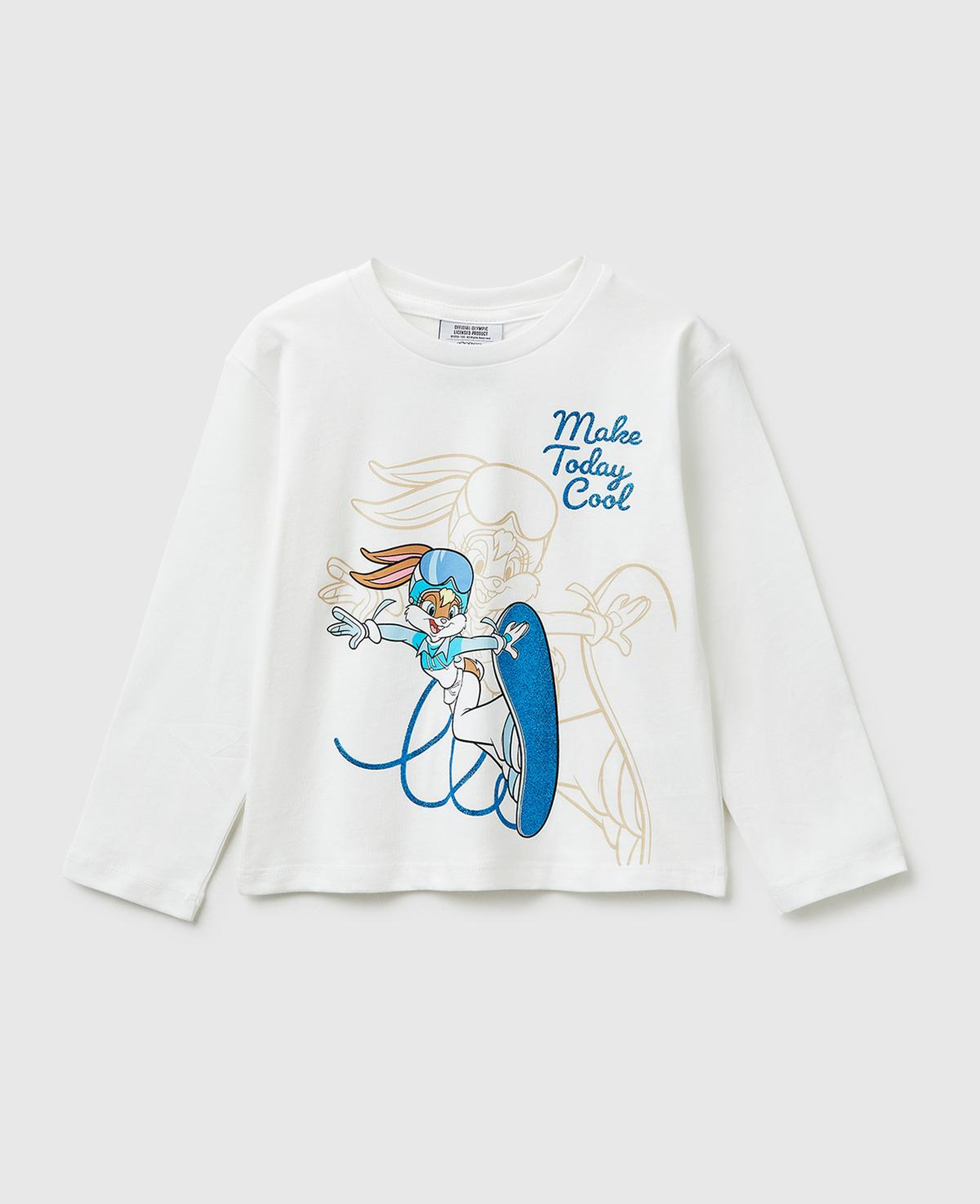 Kız Çocuk Beyaz Looney Tunes Baskılı Yuvarlak Yaka Uzun Kollu T-Shirt