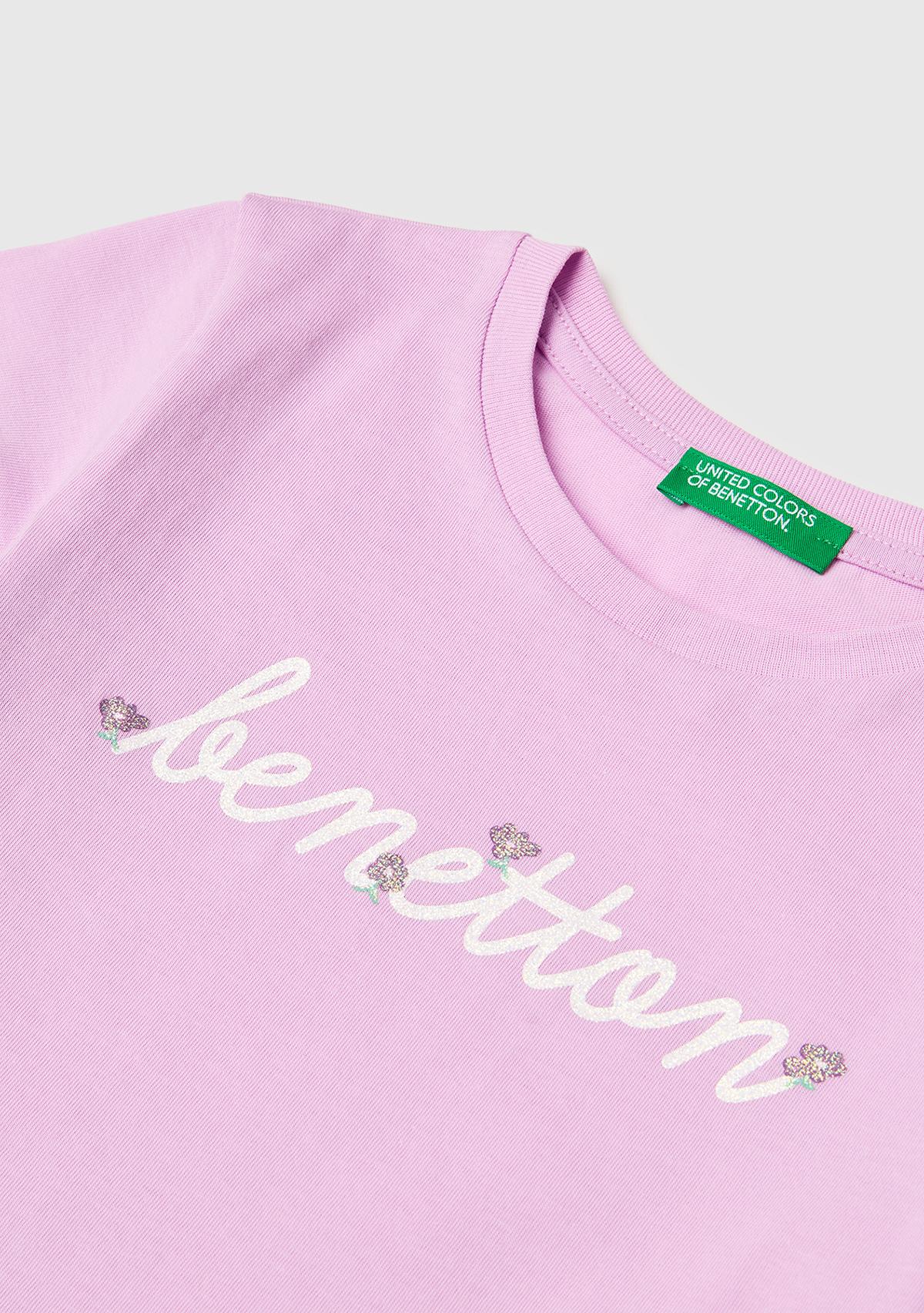 Kız Çocuk Pembe Simli Grafik Baskılı Kısa Kollu Ribanalı Yaka T-Shirt