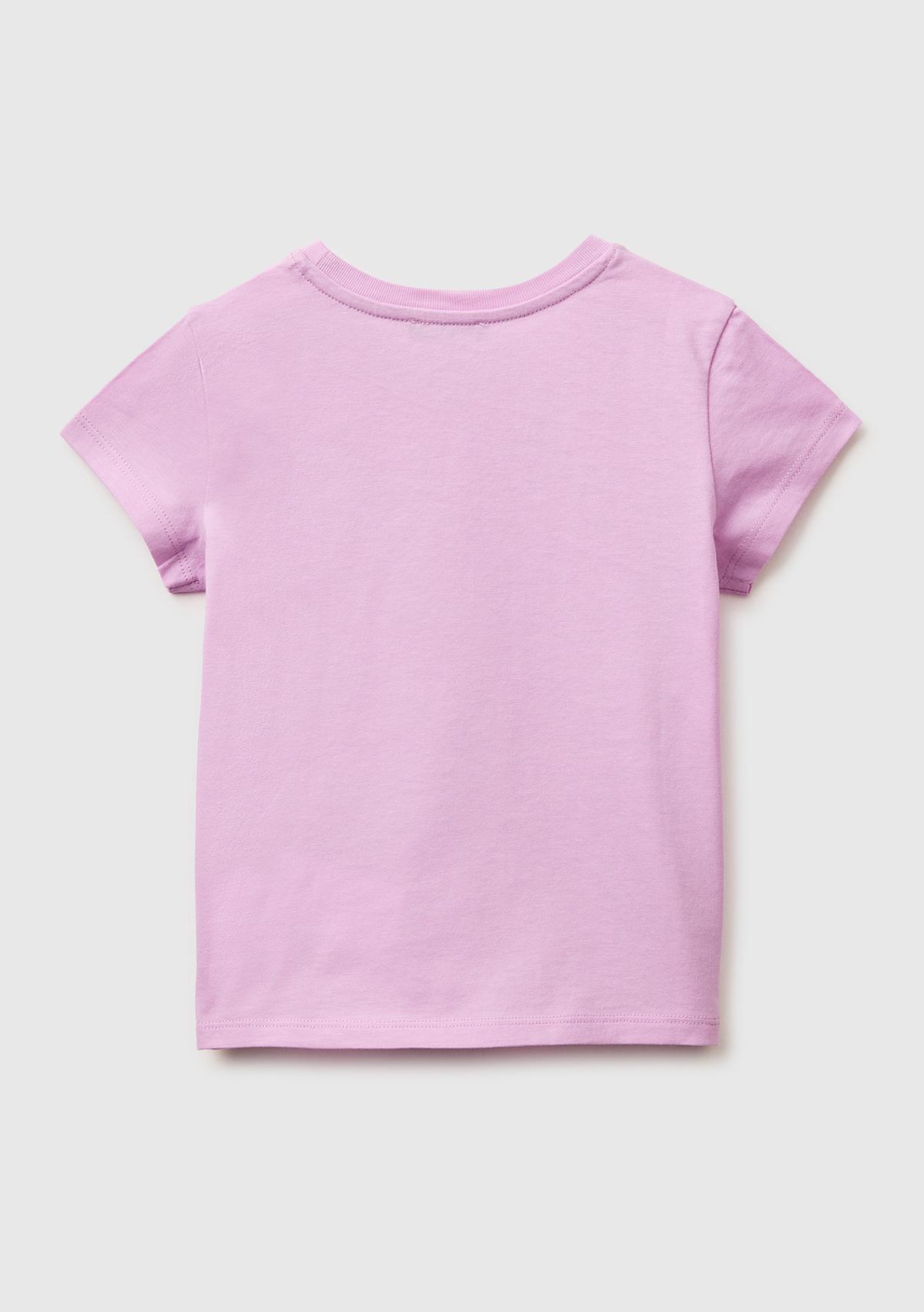 Kız Çocuk Pembe Simli Grafik Baskılı Kısa Kollu Ribanalı Yaka T-Shirt