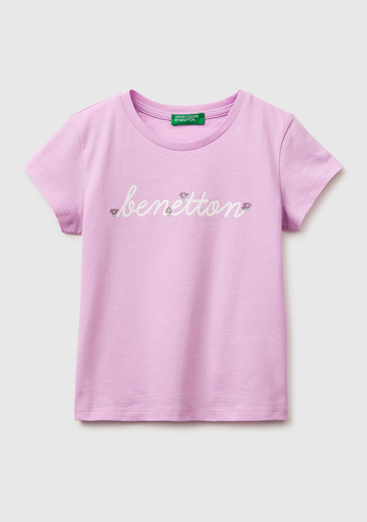 Kız Çocuk Pembe Simli Grafik Baskılı Kısa Kollu Ribanalı Yaka T-Shirt