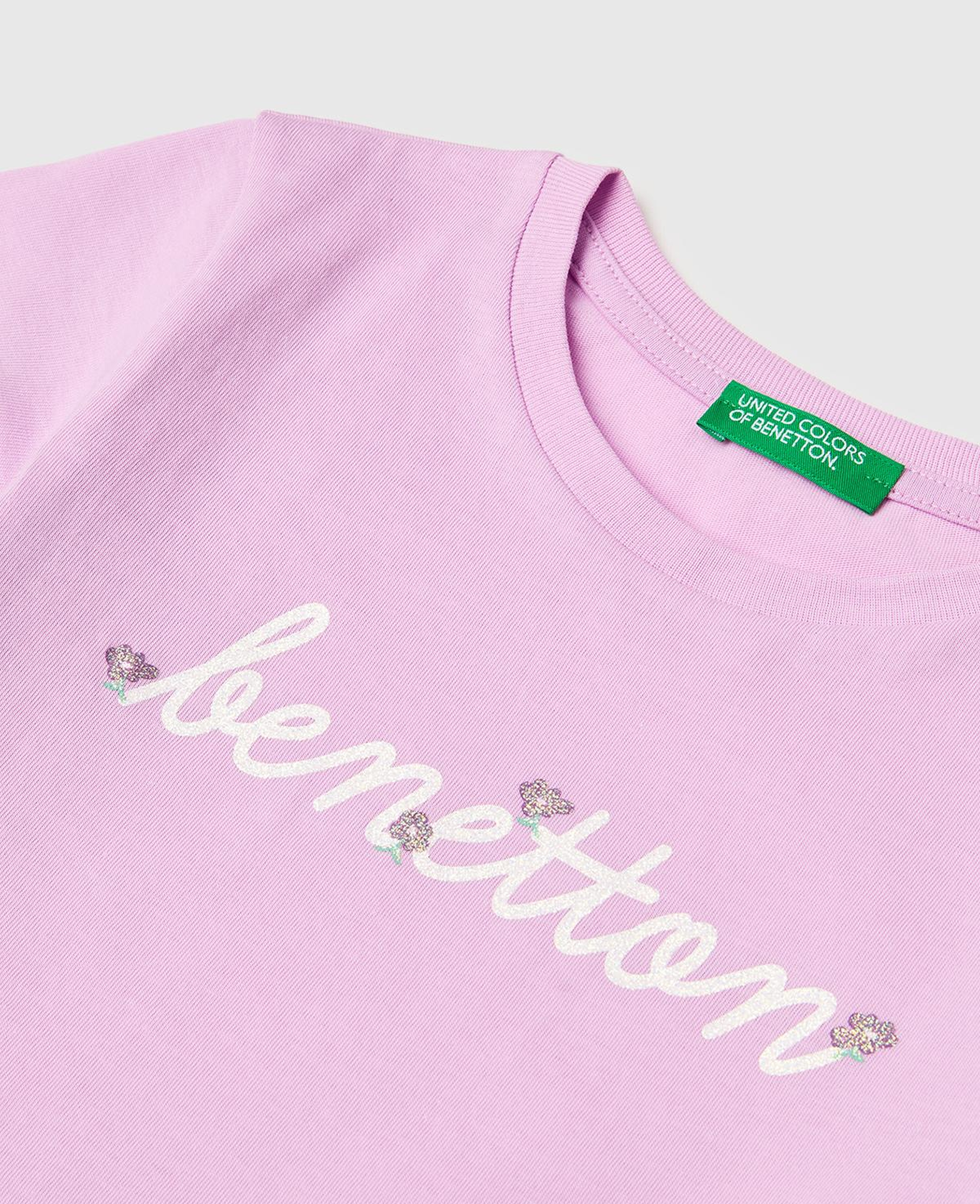 Kız Çocuk Pembe Simli Grafik Baskılı Kısa Kollu Ribanalı Yaka T-Shirt