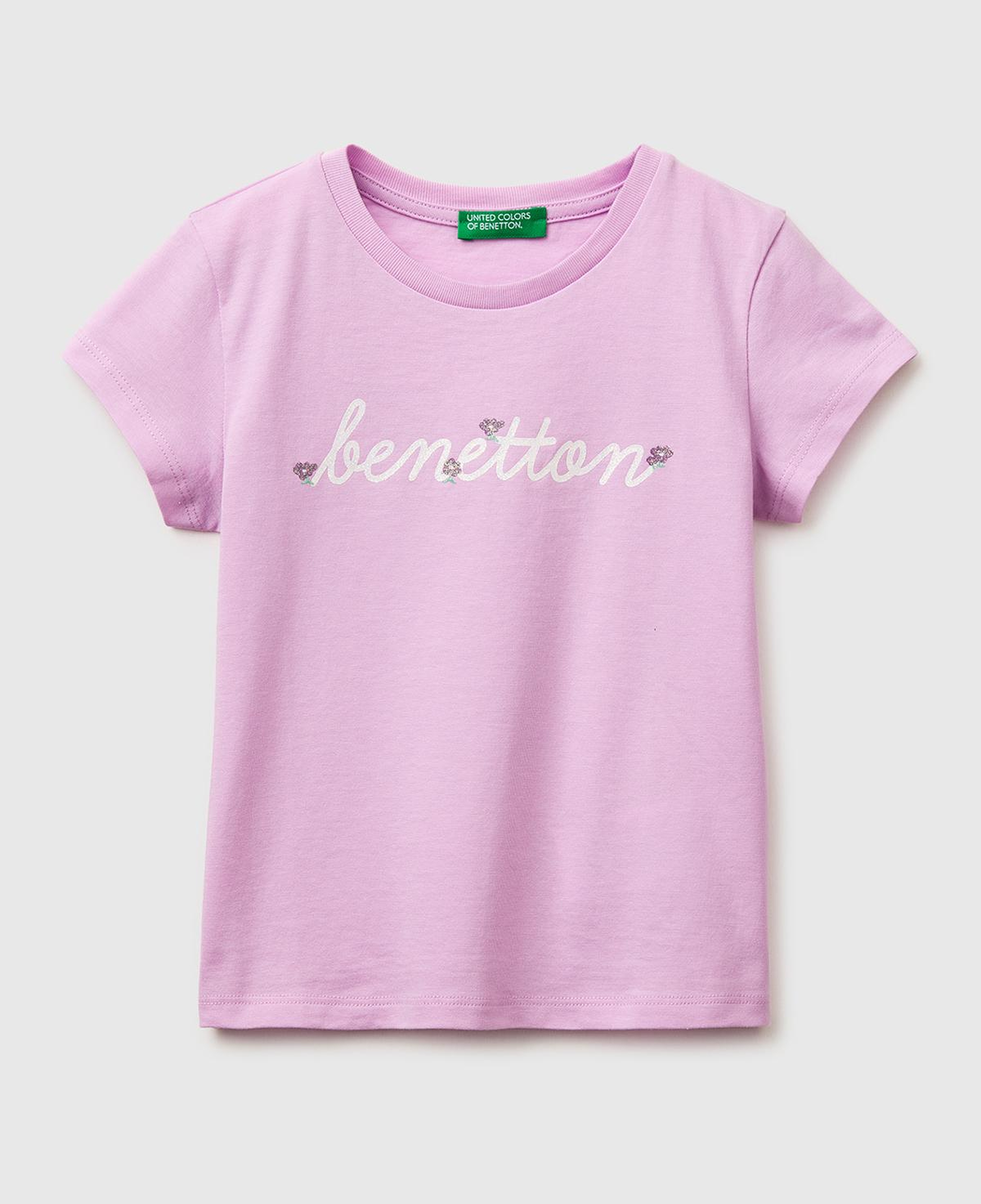 Kız Çocuk Pembe Simli Grafik Baskılı Kısa Kollu Ribanalı Yaka T-Shirt