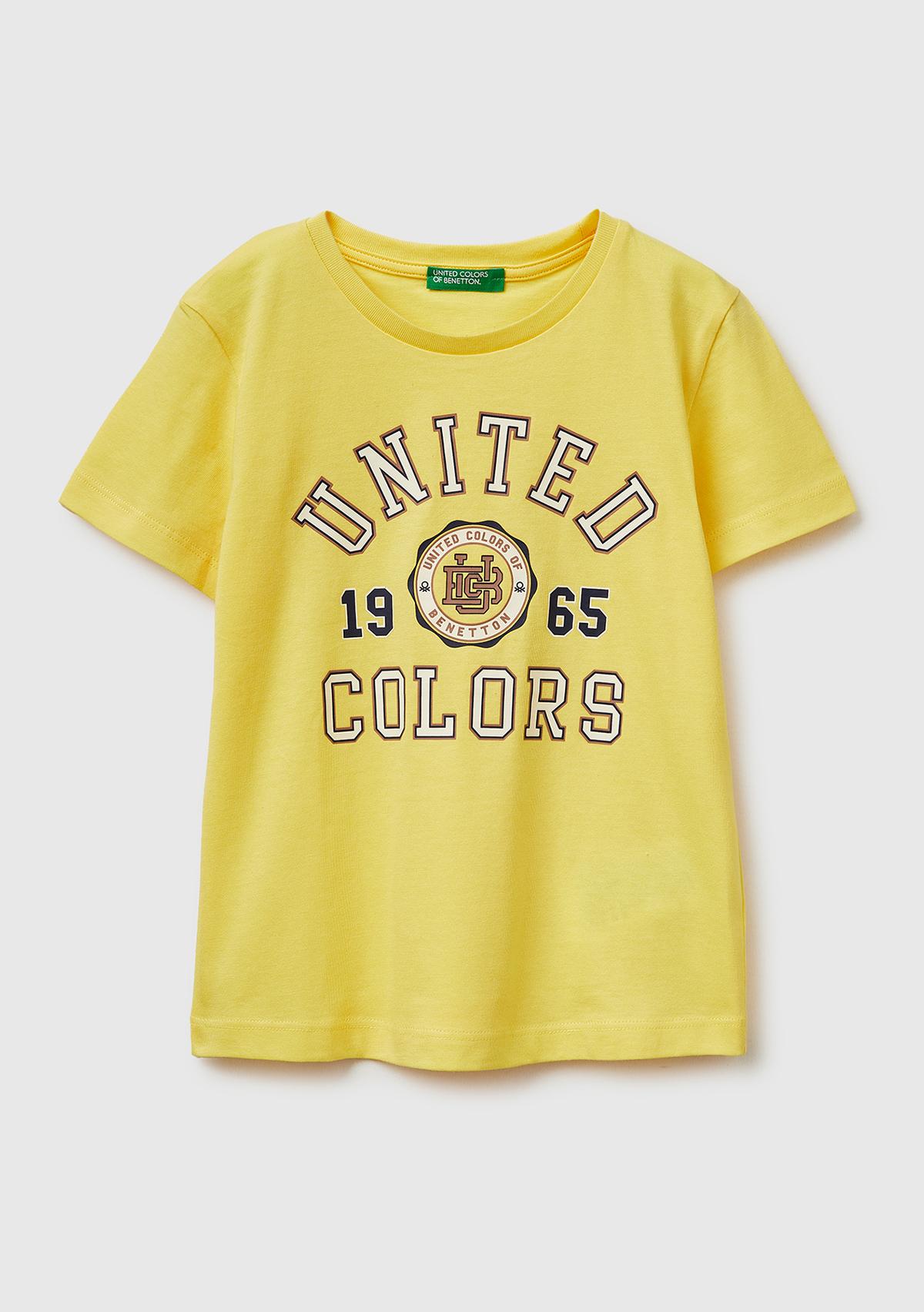 Erkek Çocuk Sarı Önü Logo Baskılı Yuvarlak Yaka T-Shirt