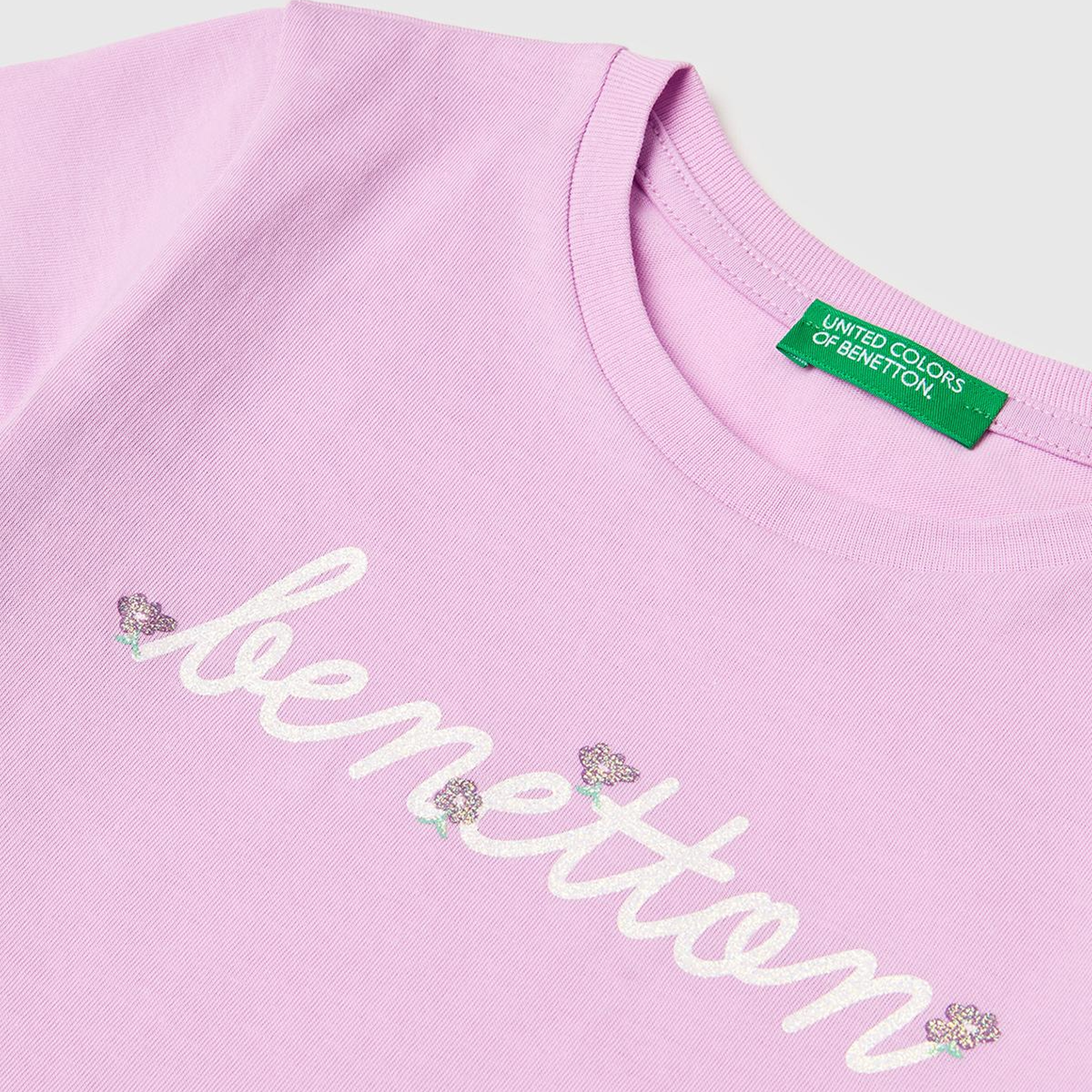 Kız Çocuk Pembe Simli Grafik Baskılı Kısa Kollu Ribanalı Yaka T-Shirt