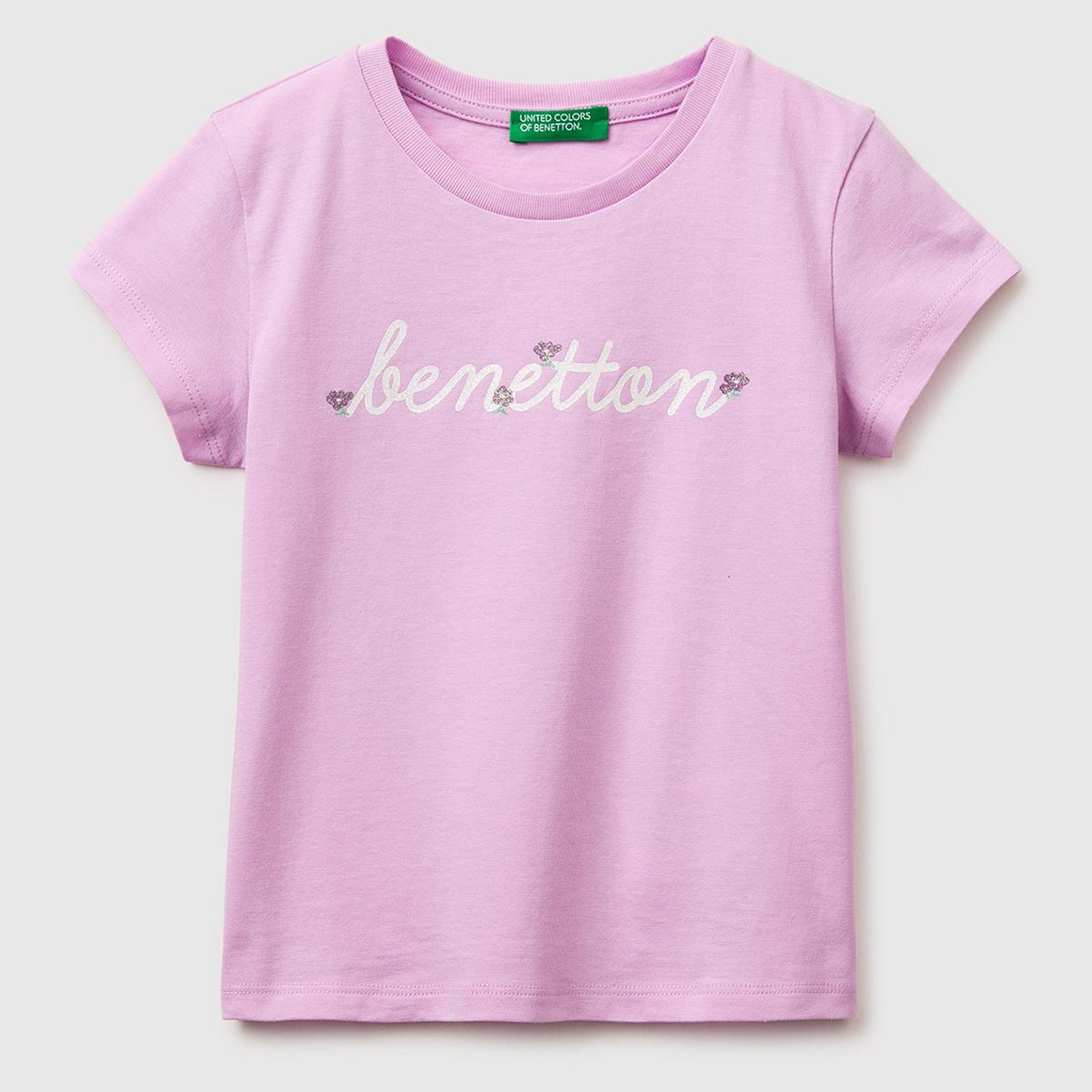 Kız Çocuk Pembe Simli Grafik Baskılı Kısa Kollu Ribanalı Yaka T-Shirt