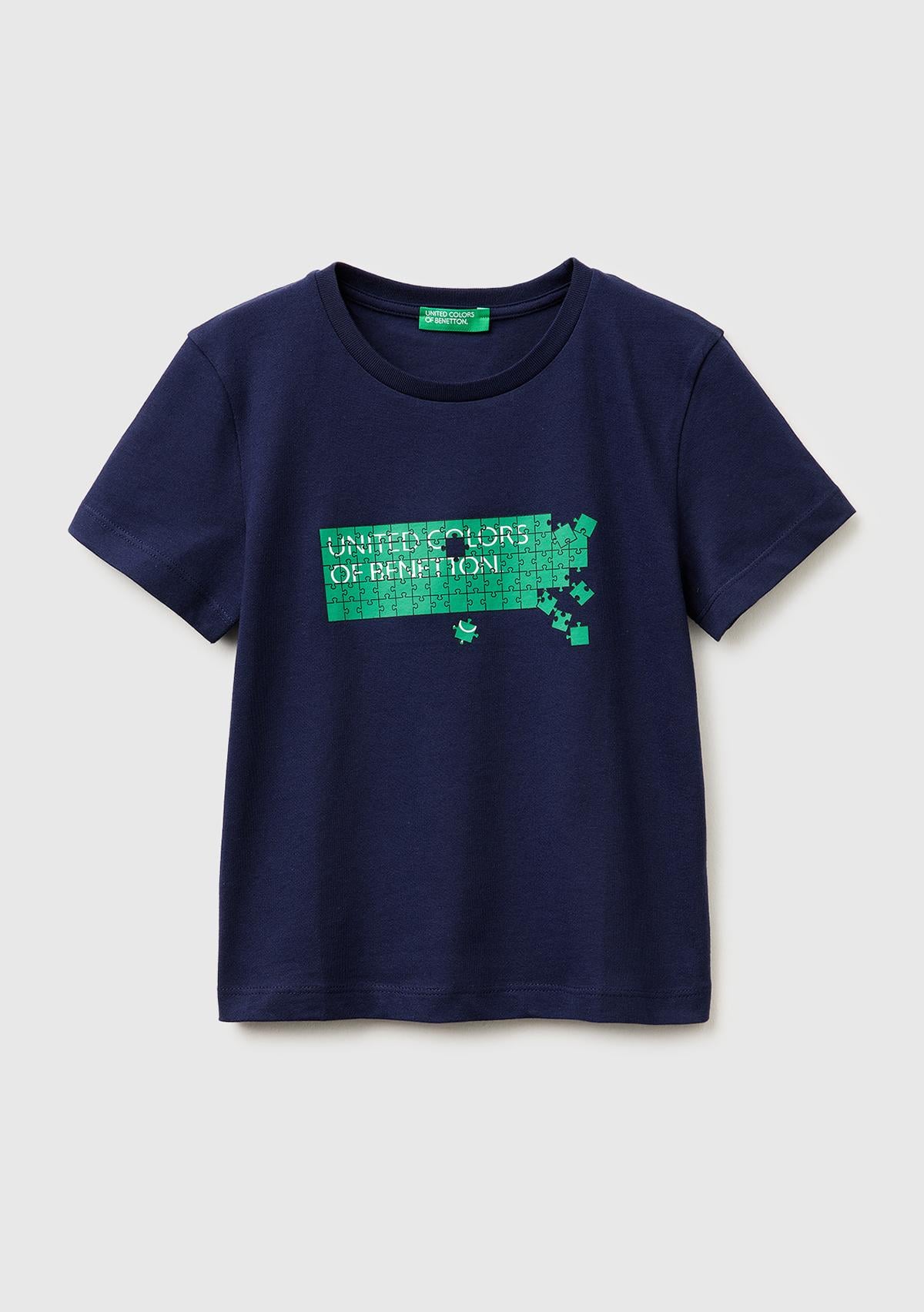 Erkek Çocuk Lacivert Önü Logo Baskılı Yuvarlak Yaka T-Shirt