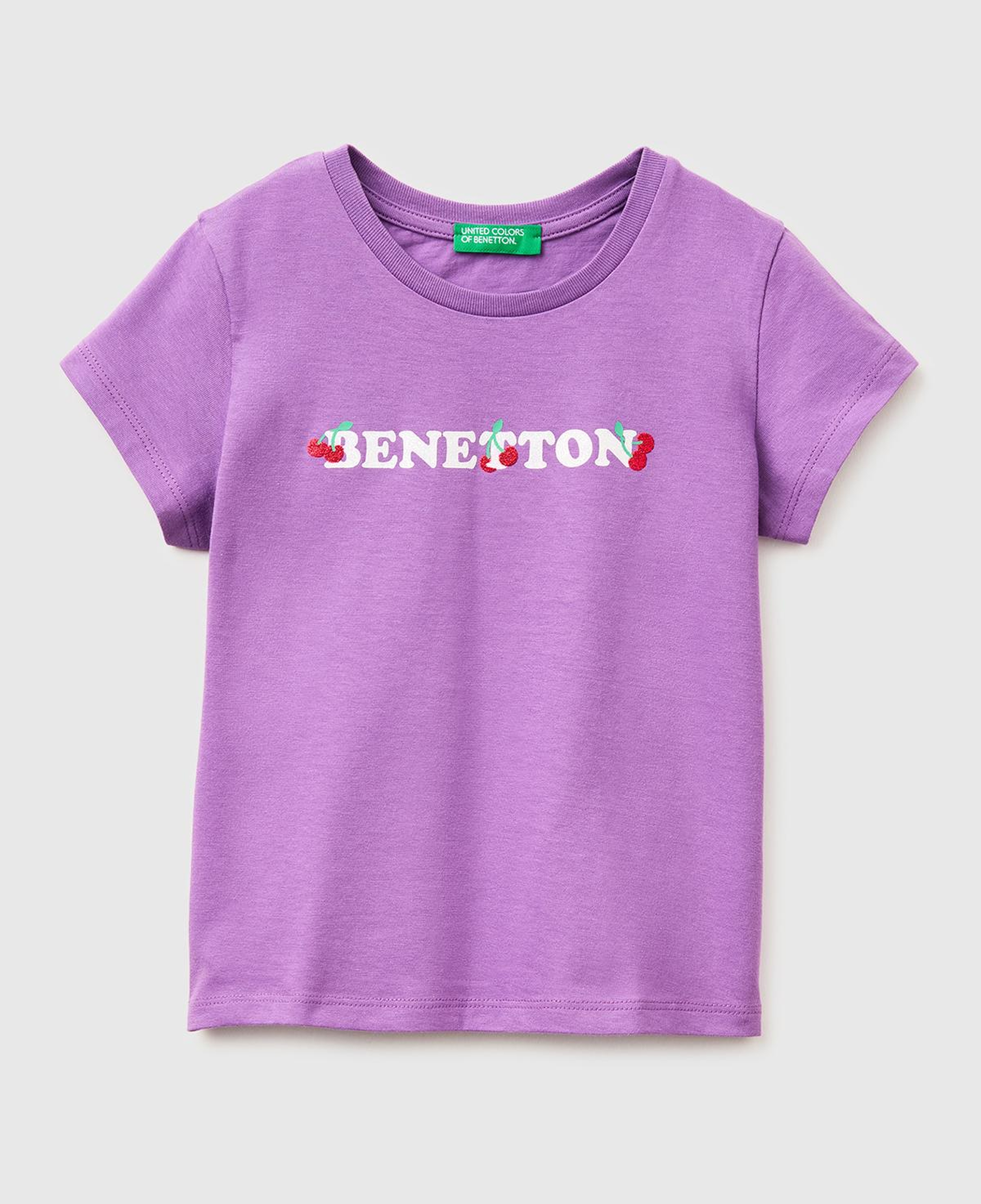 Kız Çocuk Mor Simli Grafik Baskılı Kısa Kollu Ribanalı Yaka T-Shirt
