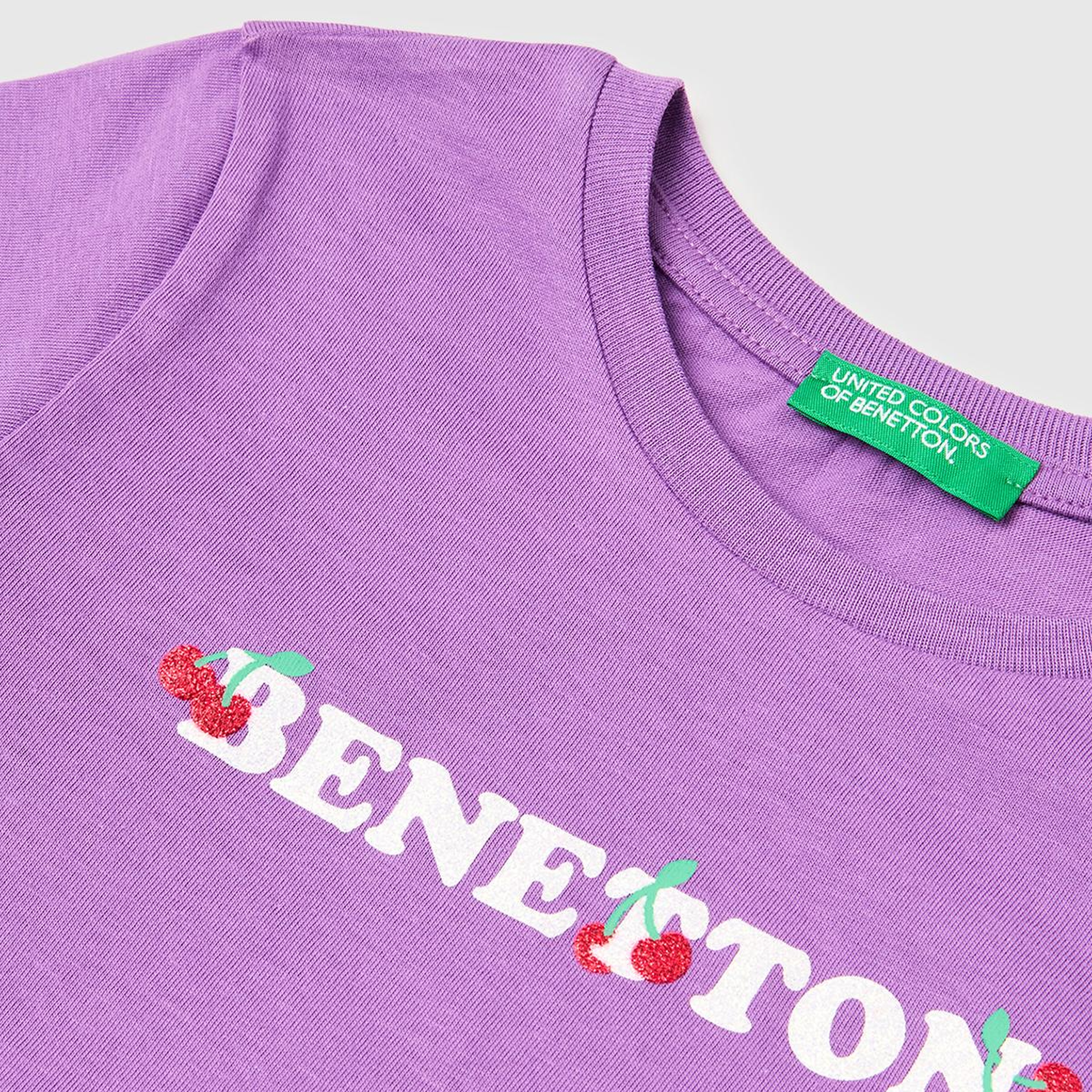 Kız Çocuk Mor Simli Grafik Baskılı Kısa Kollu Ribanalı Yaka T-Shirt