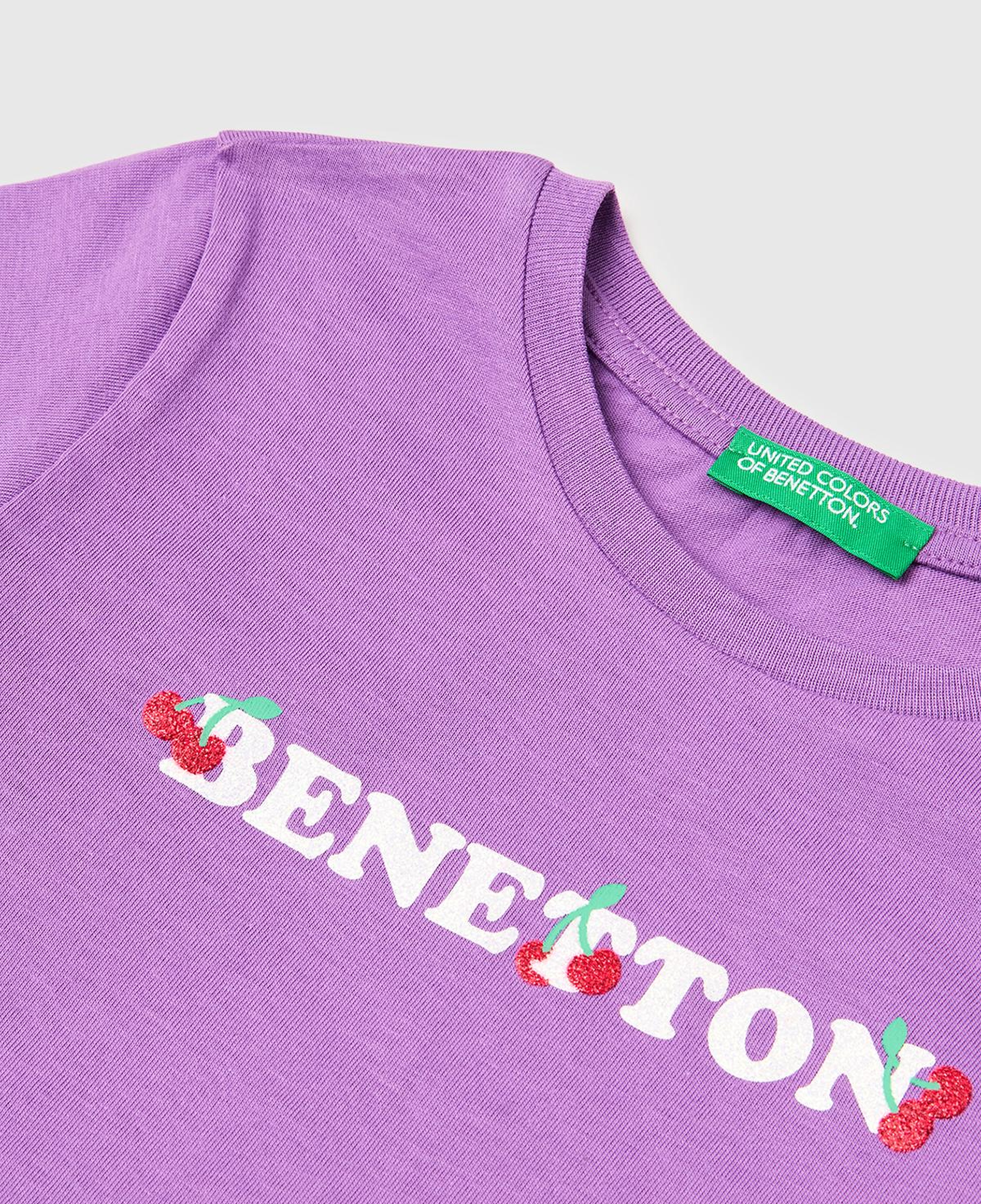 Kız Çocuk Mor Simli Grafik Baskılı Kısa Kollu Ribanalı Yaka T-Shirt