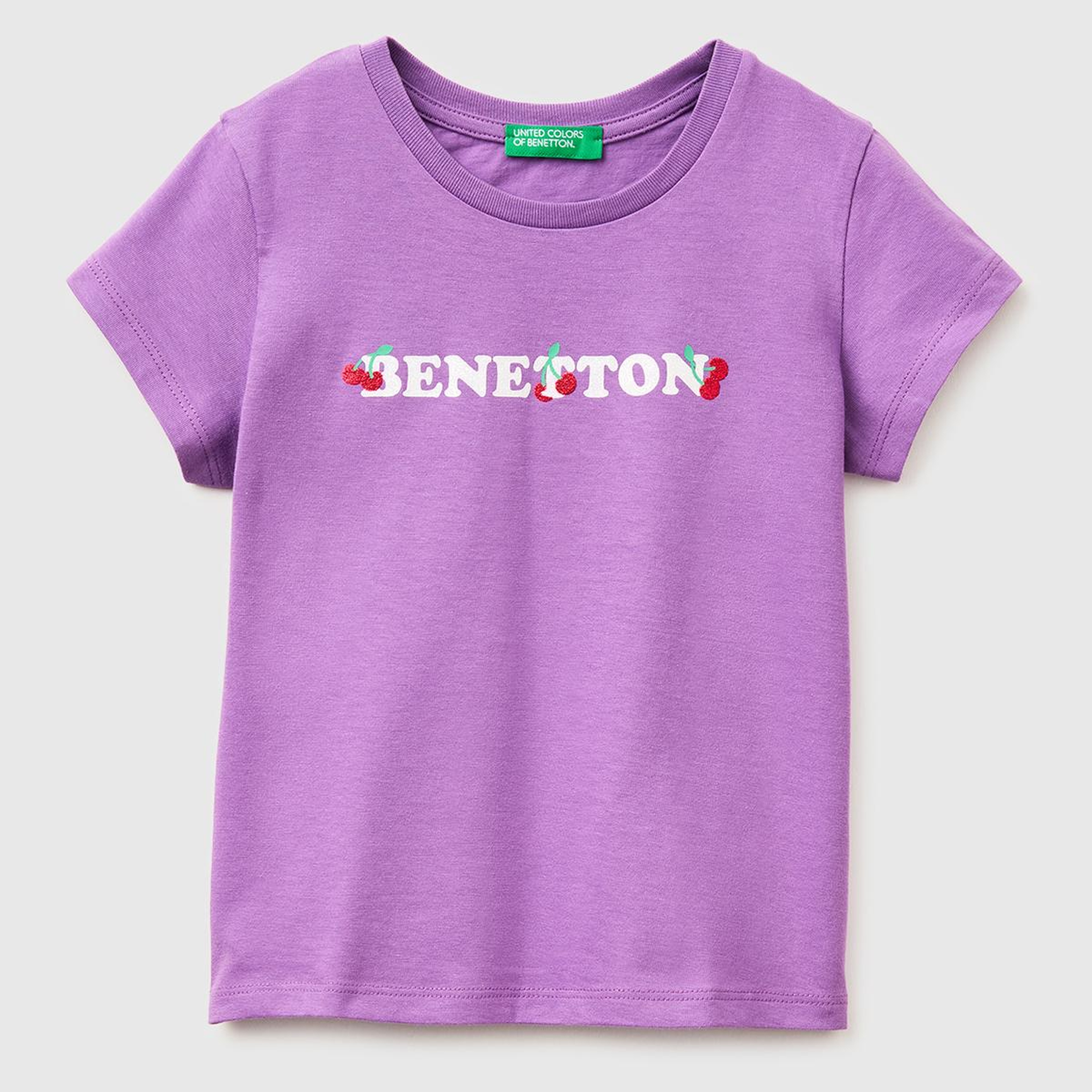 Kız Çocuk Mor Simli Grafik Baskılı Kısa Kollu Ribanalı Yaka T-Shirt