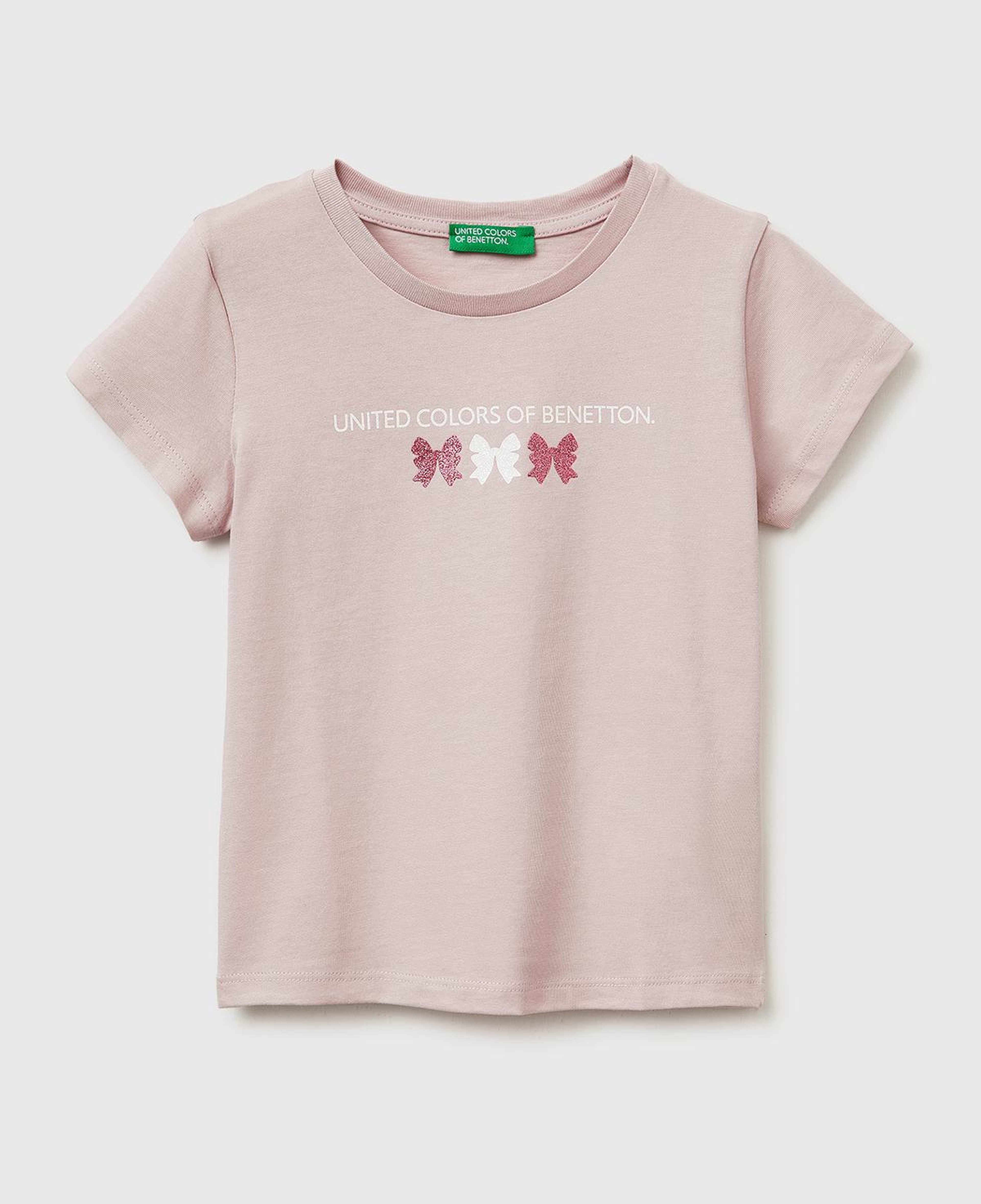 Kız Çocuk Gül Kurusu Simli Grafik Baskılı Kısa Kollu Ribanalı Yaka T-Shirt