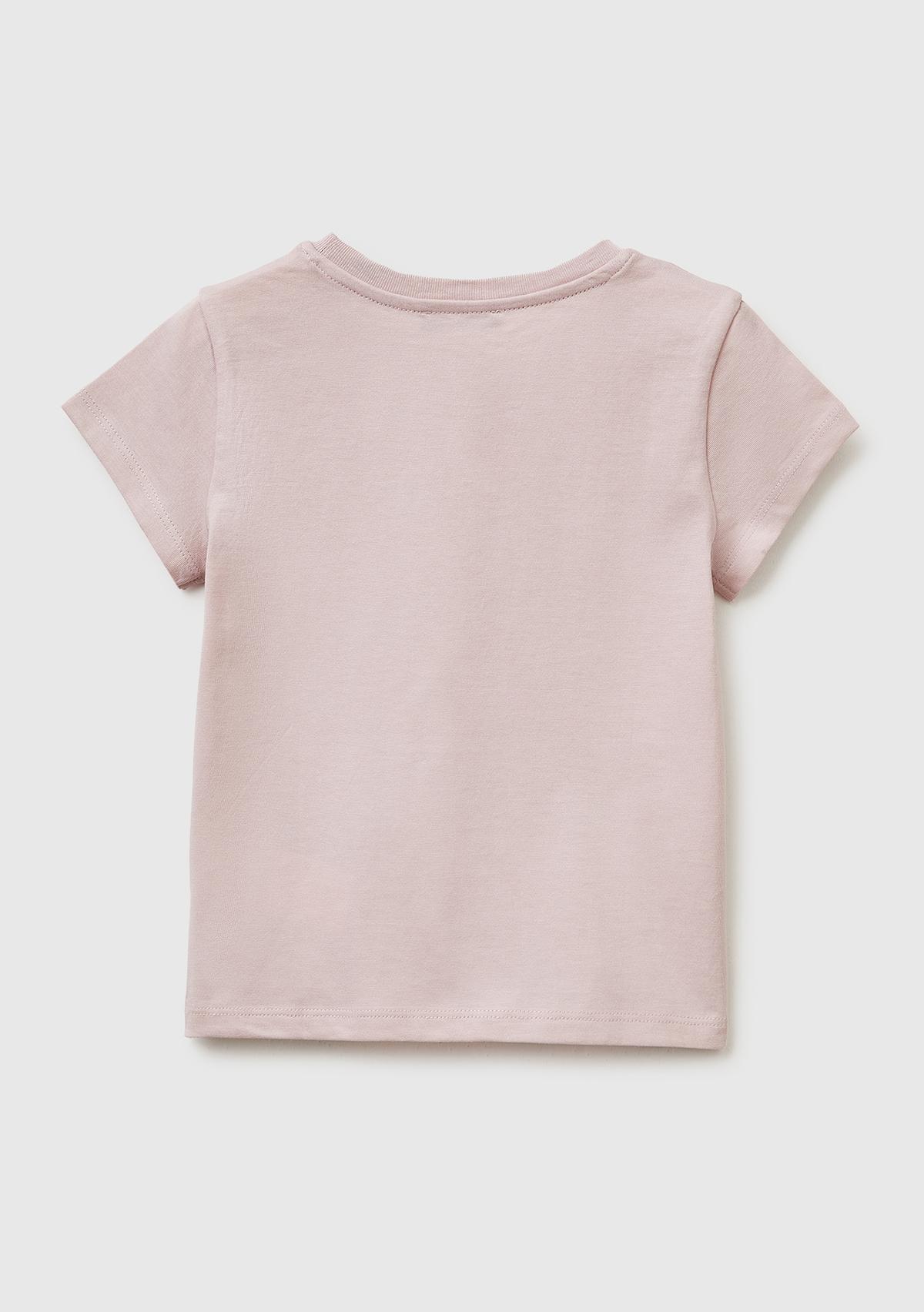 Kız Çocuk Gül Kurusu Simli Grafik Baskılı Kısa Kollu Ribanalı Yaka T-Shirt