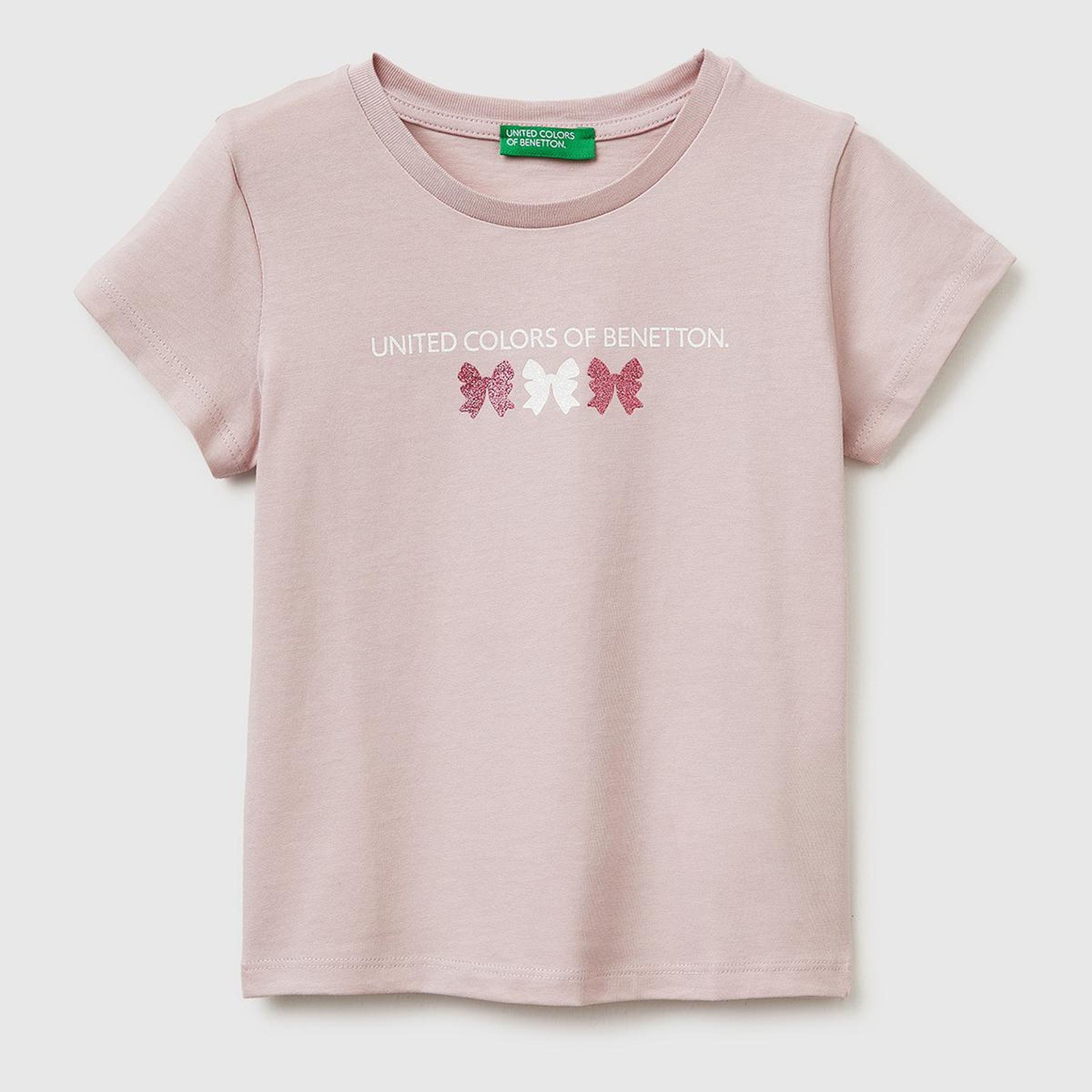 Kız Çocuk Gül Kurusu Simli Grafik Baskılı Kısa Kollu Ribanalı Yaka T-Shirt