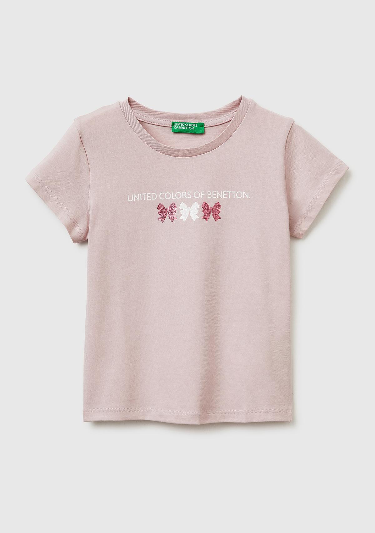 Kız Çocuk Gül Kurusu Simli Grafik Baskılı Kısa Kollu Ribanalı Yaka T-Shirt