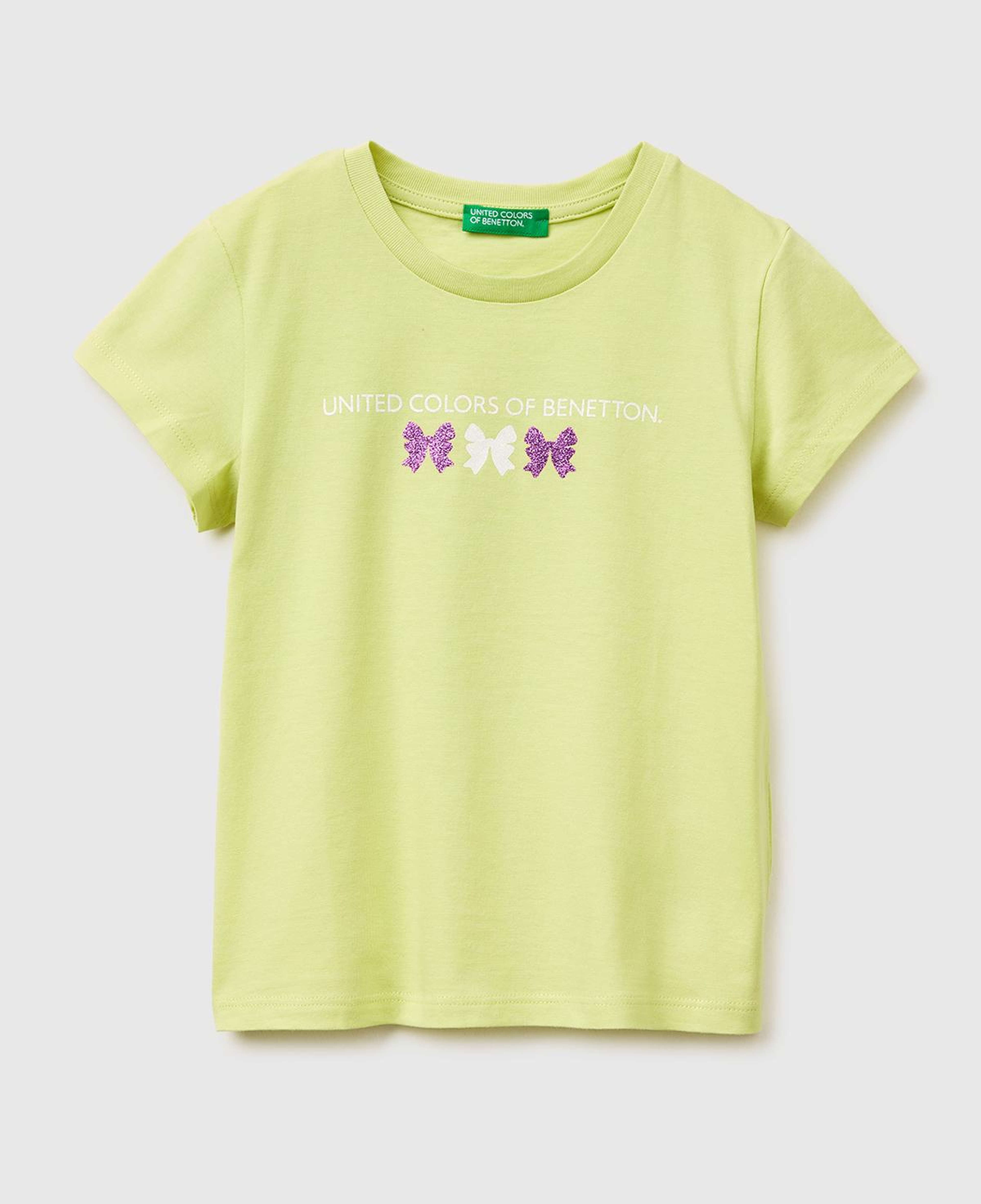 Kız Çocuk Sarı Simli Grafik Baskılı Kısa Kollu Ribanalı Yaka T-Shirt