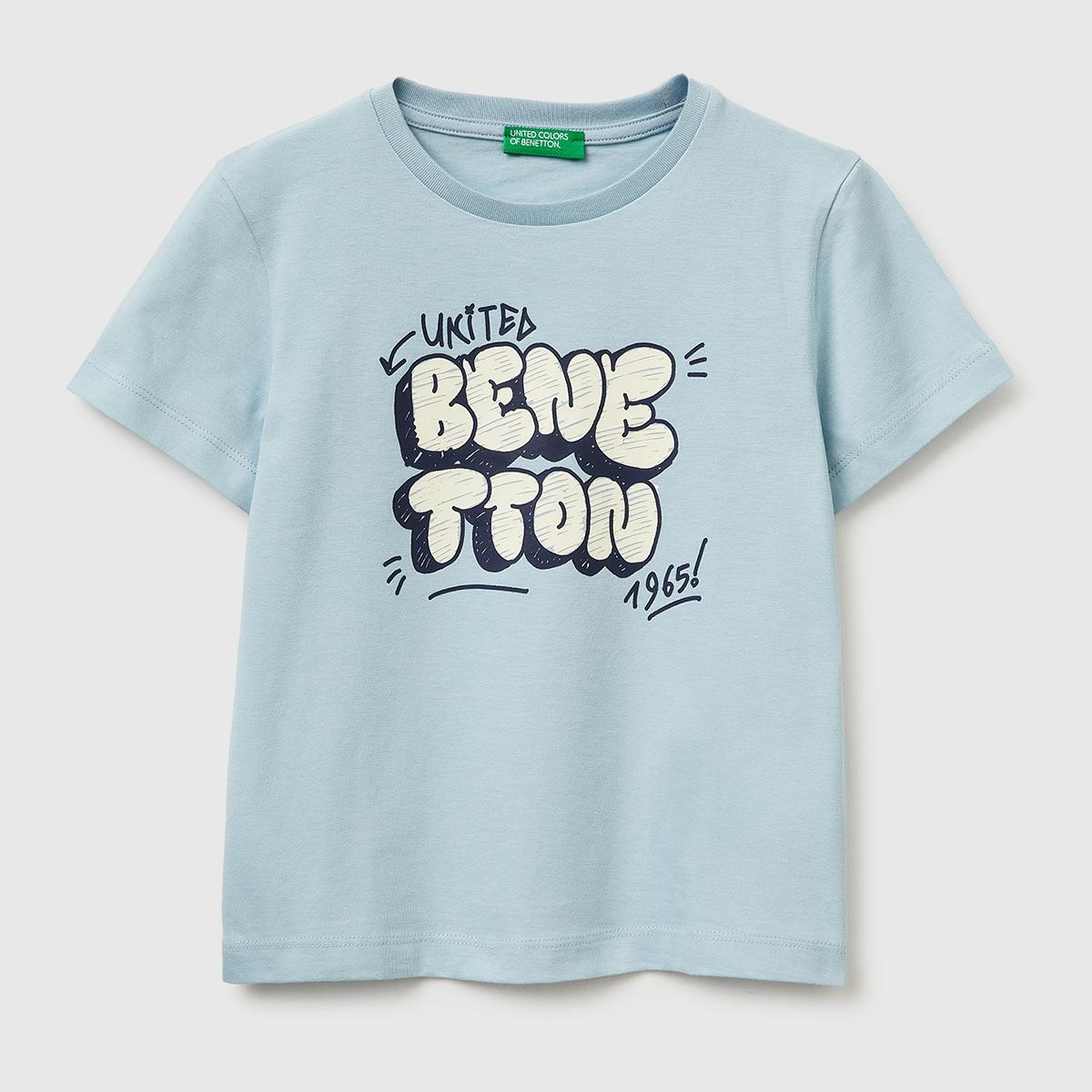 Erkek Çocuk Buz Mavisi Önü Logo Baskılı Yuvarlak Yaka T-Shirt