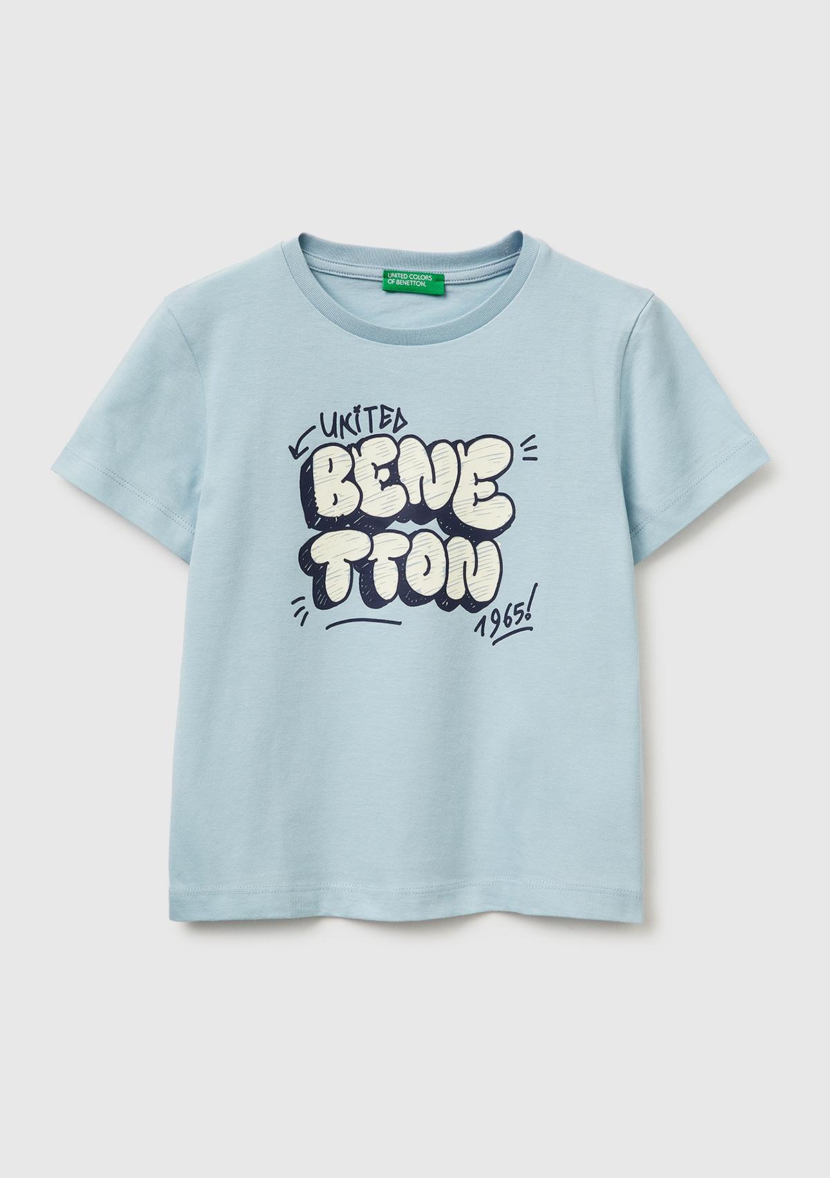 Erkek Çocuk Buz Mavisi Önü Logo Baskılı Yuvarlak Yaka T-Shirt