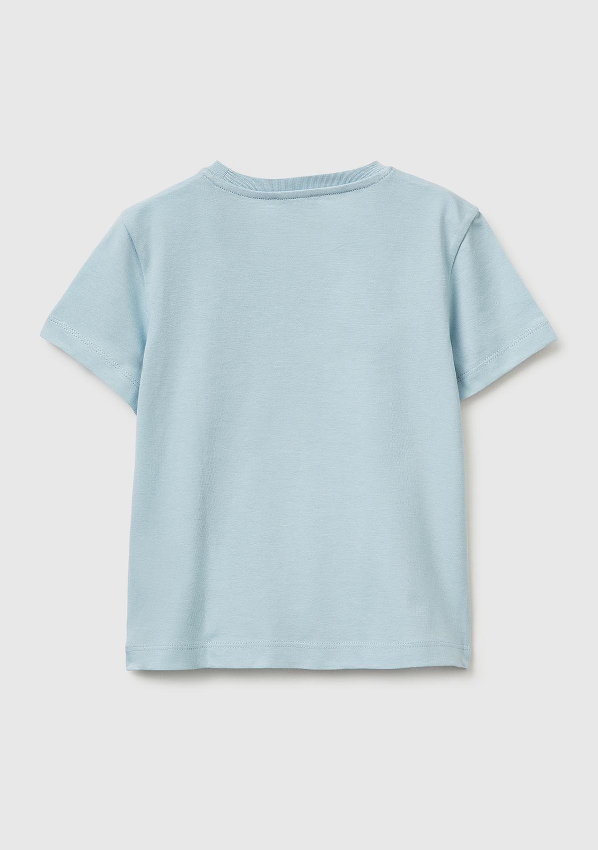 Erkek Çocuk Buz Mavisi Önü Logo Baskılı Yuvarlak Yaka T-Shirt