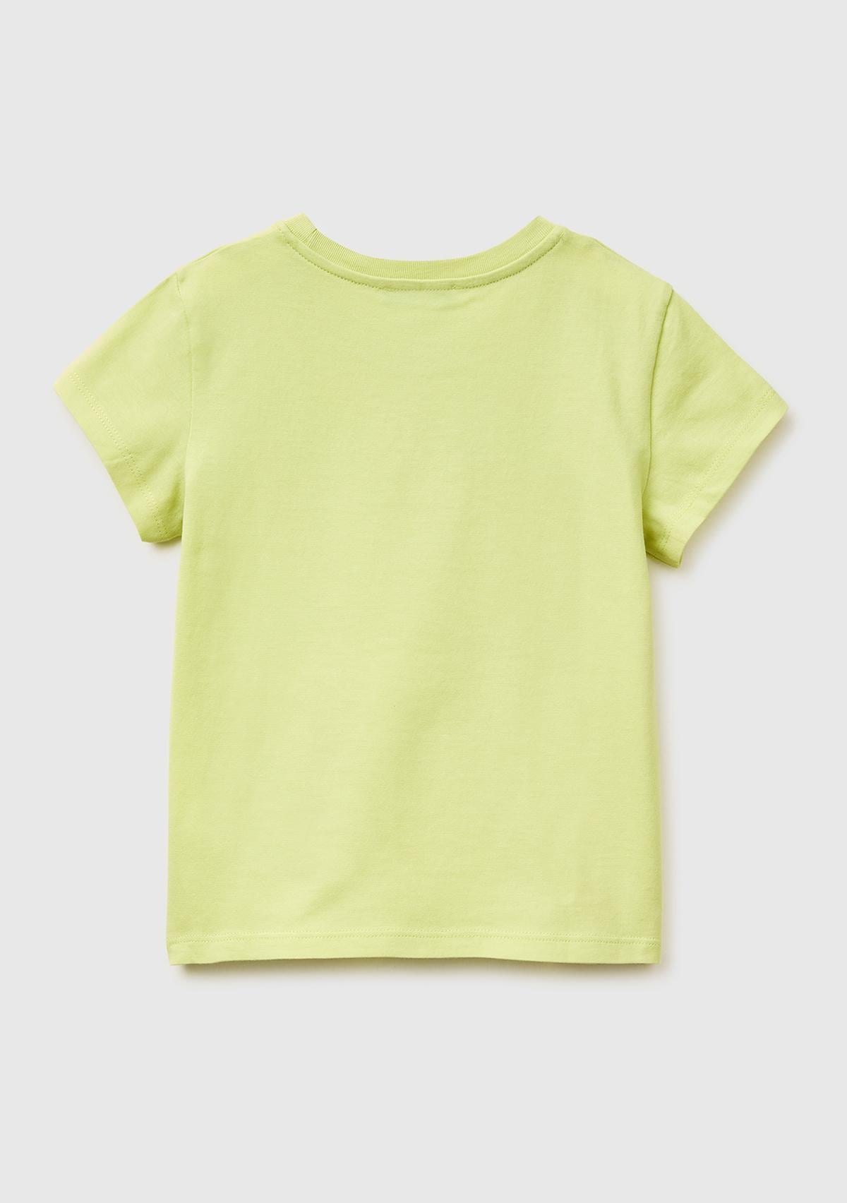 Kız Çocuk Sarı Simli Grafik Baskılı Kısa Kollu Ribanalı Yaka T-Shirt