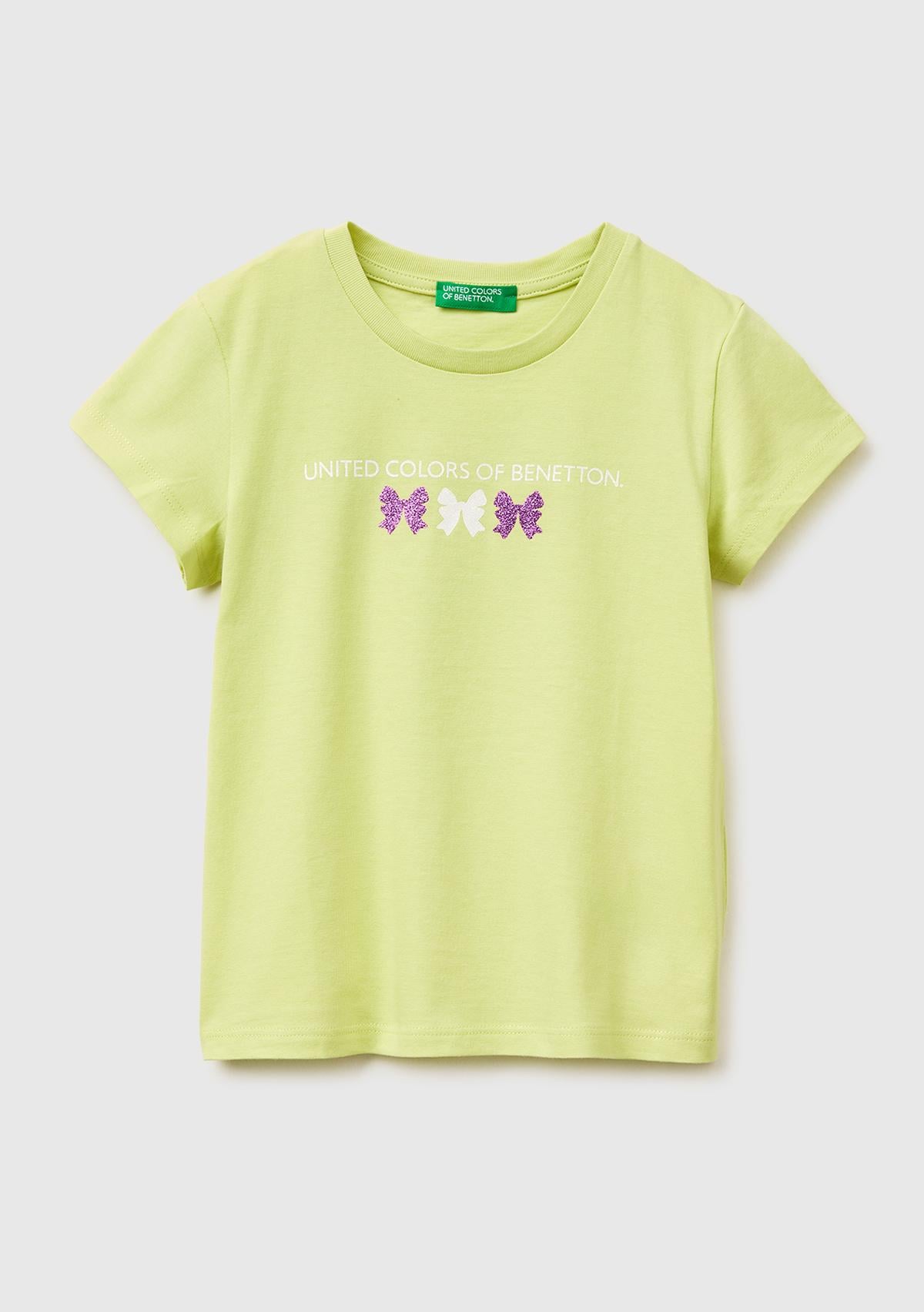 Kız Çocuk Sarı Simli Grafik Baskılı Kısa Kollu Ribanalı Yaka T-Shirt