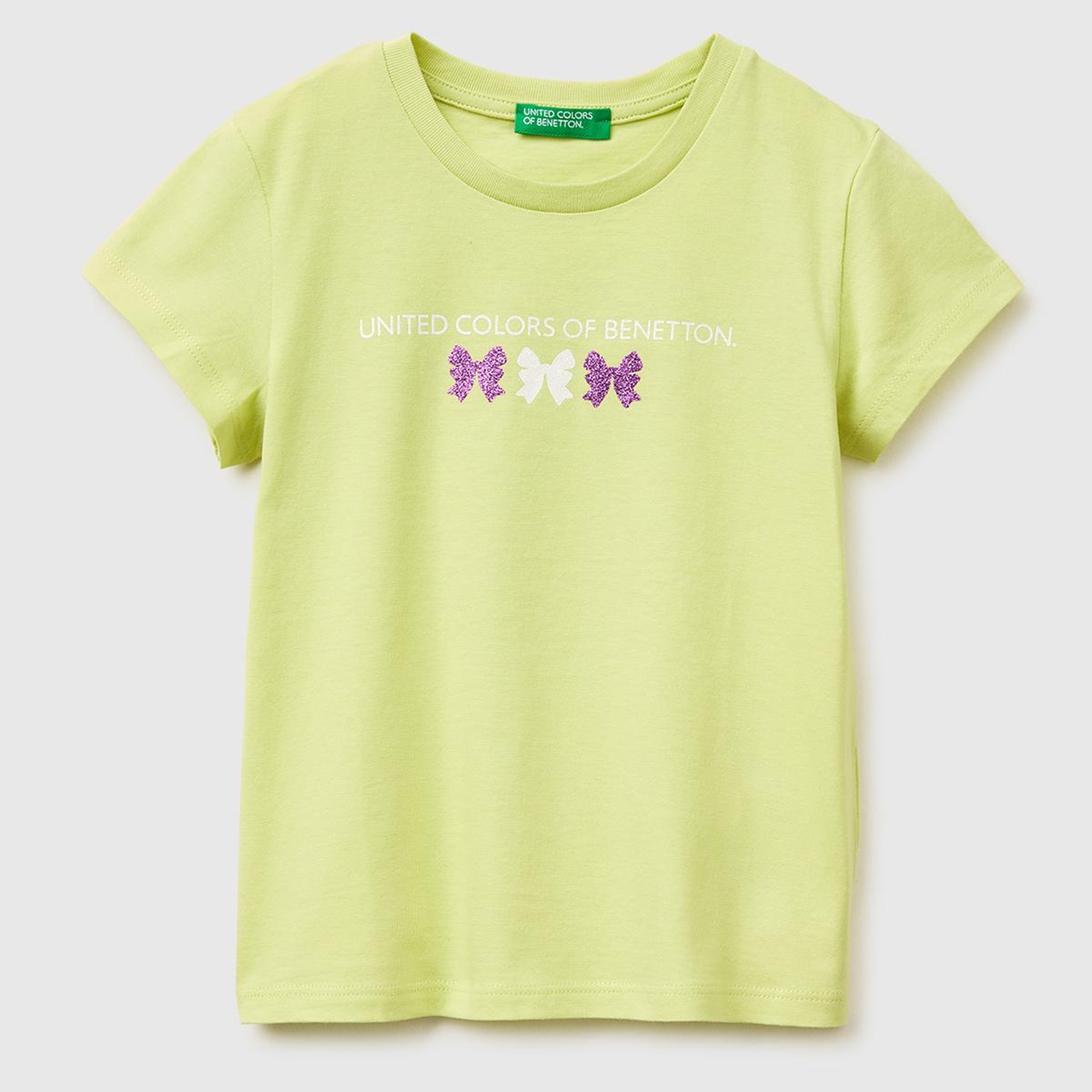 Kız Çocuk Sarı Simli Grafik Baskılı Kısa Kollu Ribanalı Yaka T-Shirt
