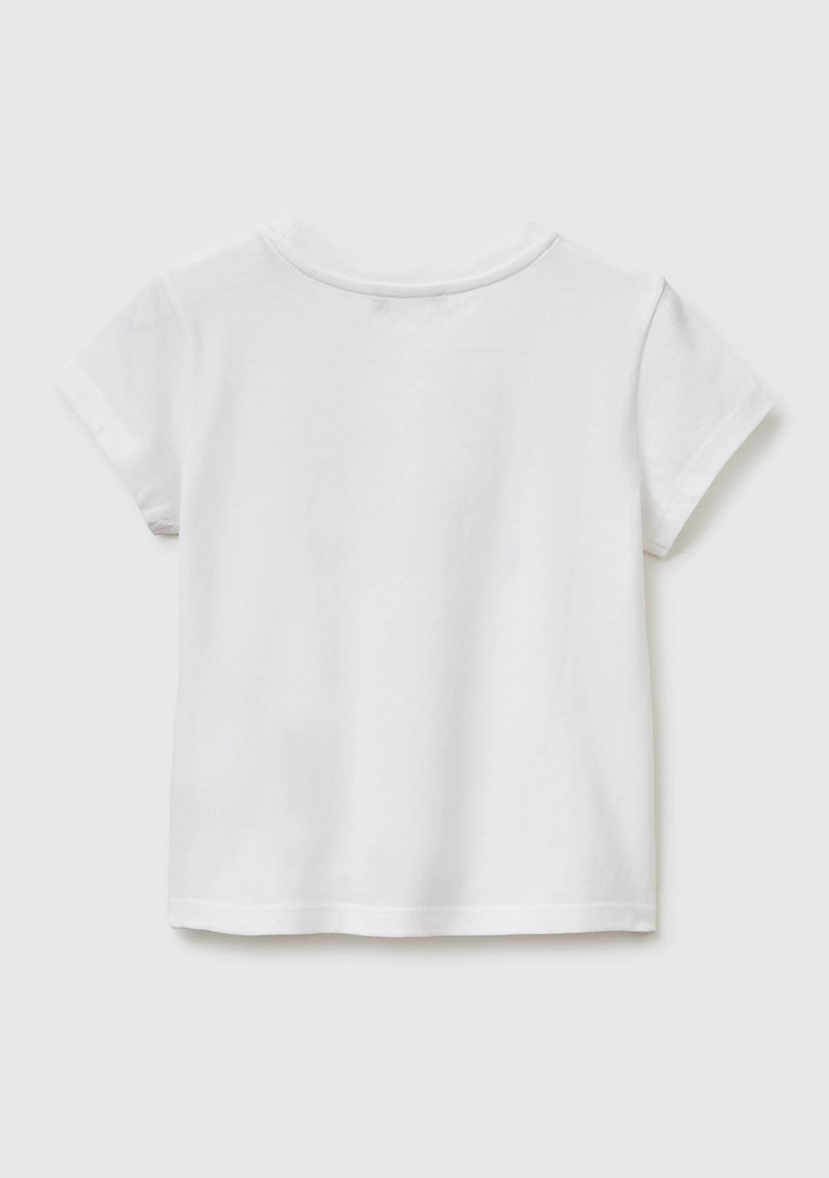 Kız Çocuk Beyaz Simli Grafik Baskılı Kısa Kollu Ribanalı Yaka T-Shirt