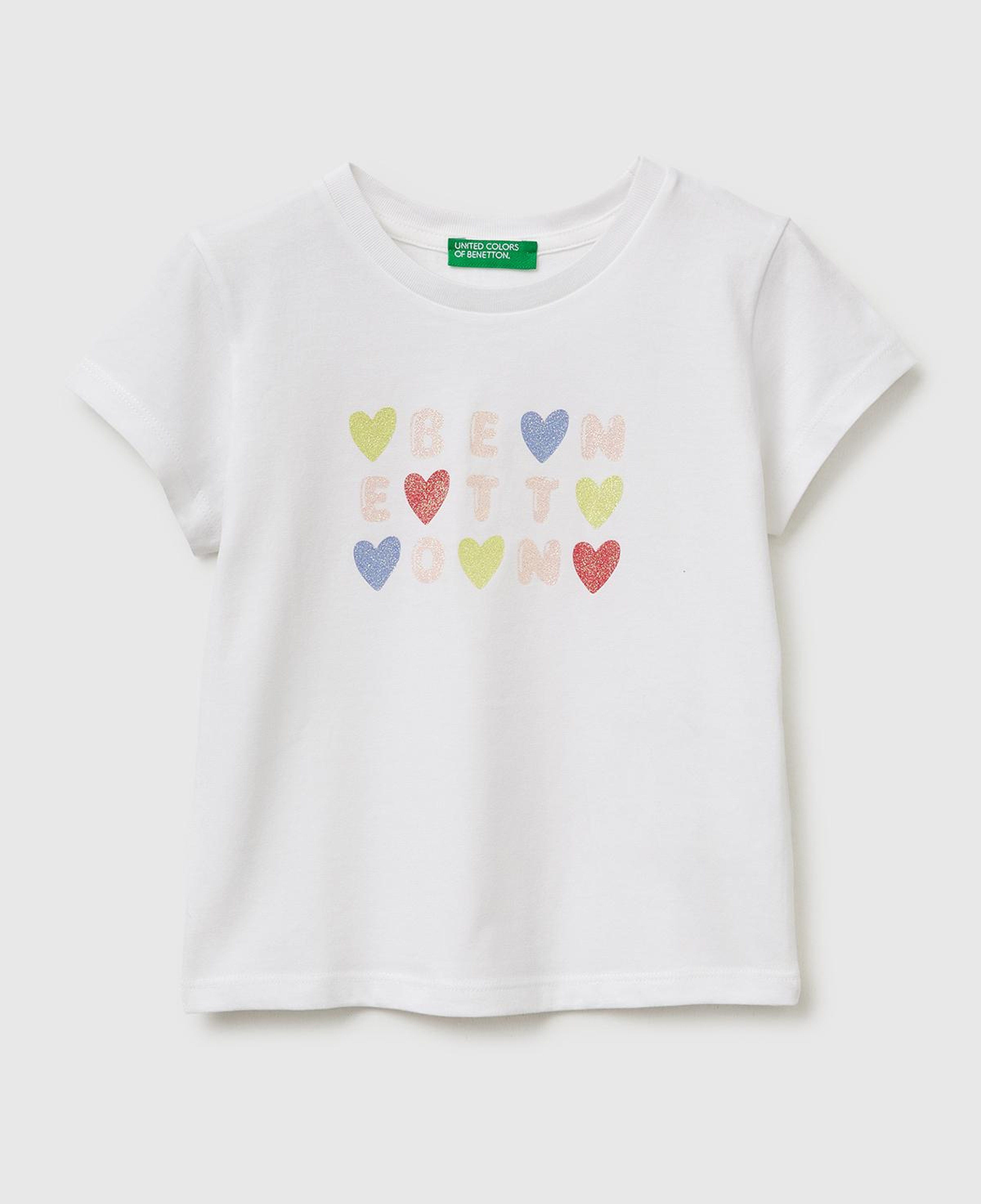Kız Çocuk Beyaz Simli Grafik Baskılı Kısa Kollu Ribanalı Yaka T-Shirt