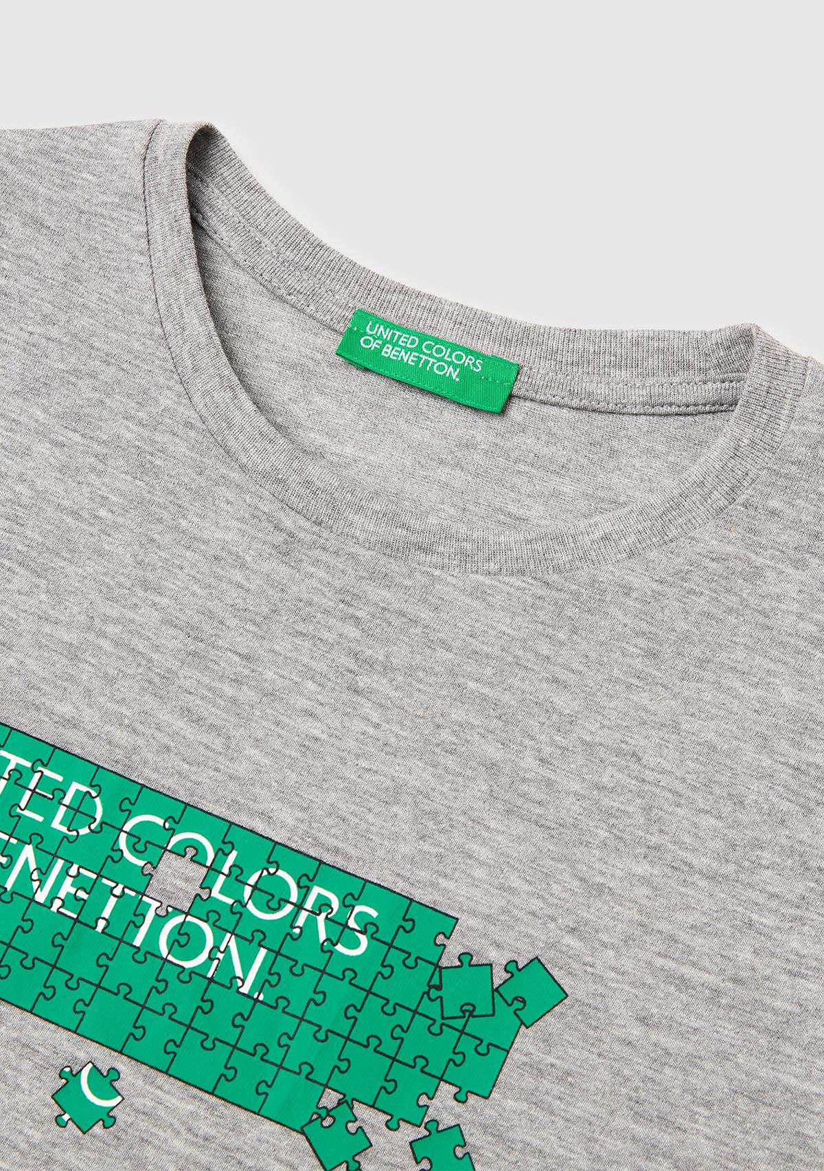 Erkek Çocuk Gri melanj Önü Logo Baskılı Yuvarlak Yaka T-Shirt