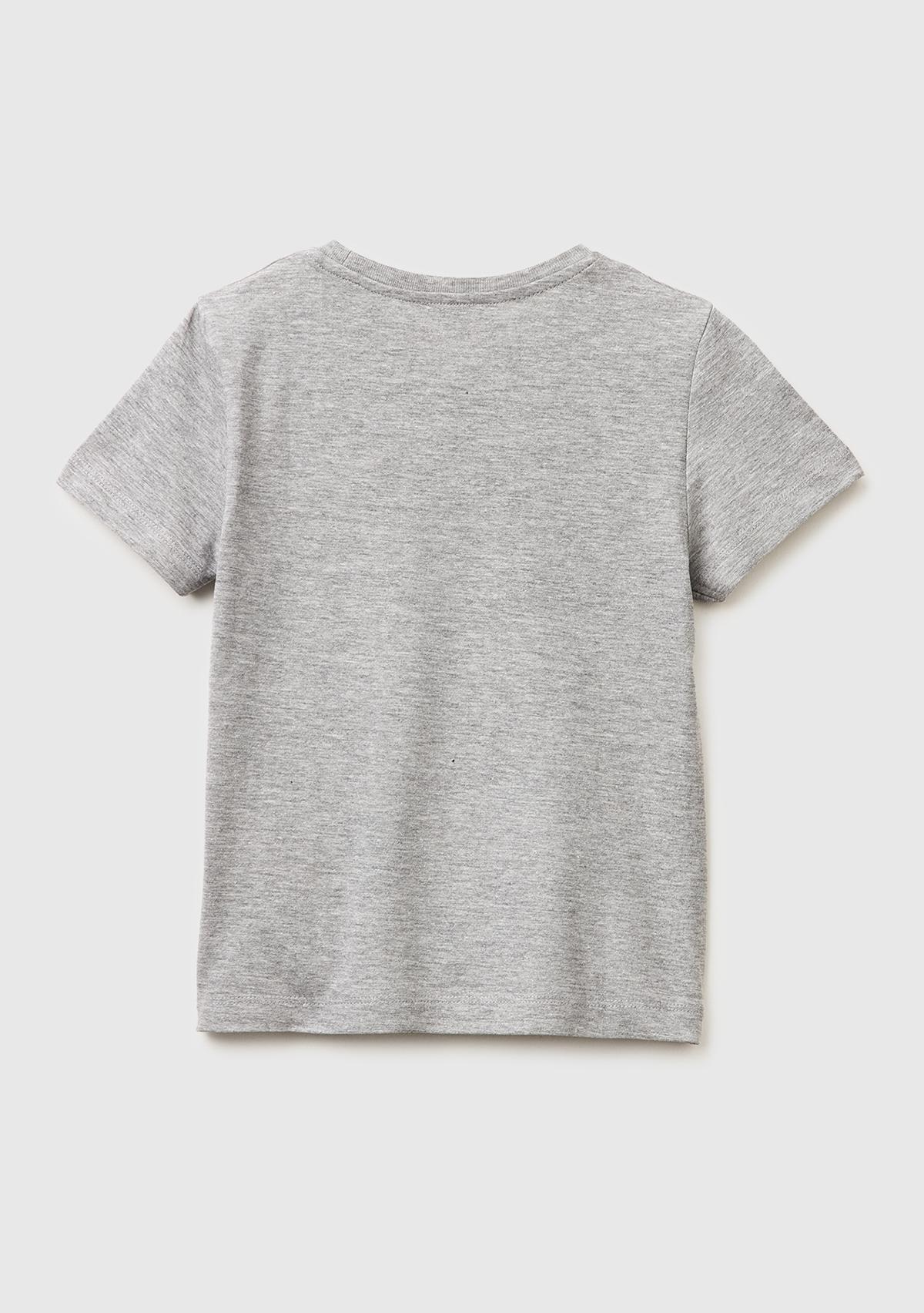 Erkek Çocuk Gri melanj Önü Logo Baskılı Yuvarlak Yaka T-Shirt