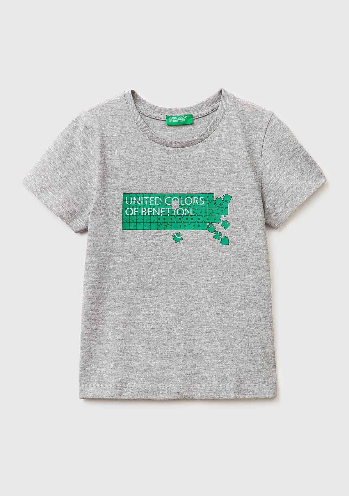 Erkek Çocuk Gri melanj Önü Logo Baskılı Yuvarlak Yaka T-Shirt