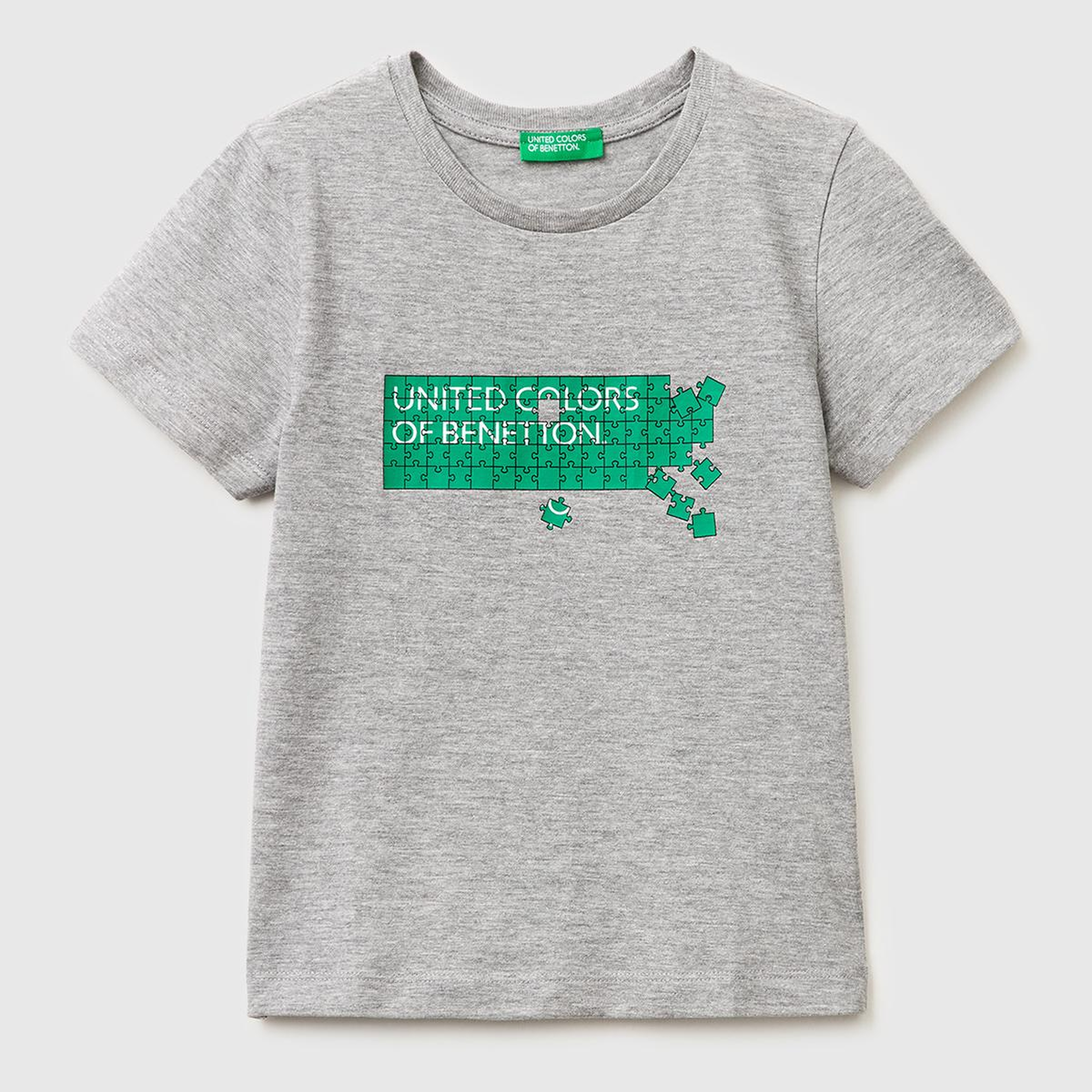Erkek Çocuk Gri melanj Önü Logo Baskılı Yuvarlak Yaka T-Shirt