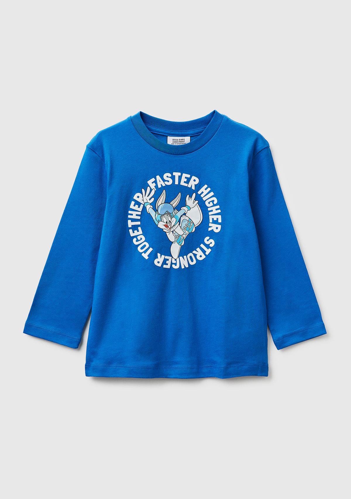 Erkek Çocuk Mavi Önü ve Arkası Baskı Detaylı Bisiklet Yaka Uzun Kollu T-Shirt