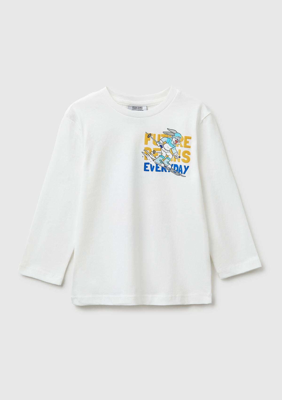 Erkek Çocuk Beyaz Önü ve Arkası Baskı Detaylı Bisiklet Yaka Uzun Kollu T-Shirt