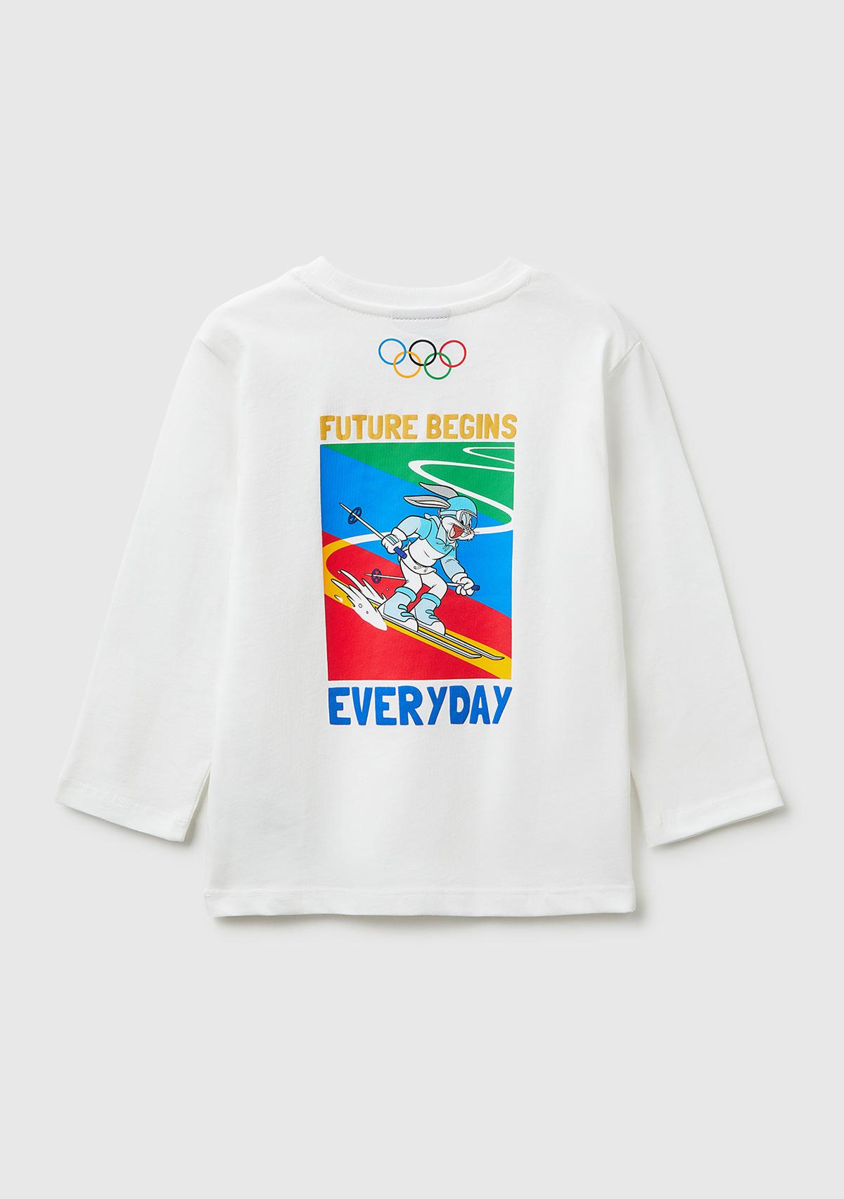 Erkek Çocuk Beyaz Önü ve Arkası Baskı Detaylı Bisiklet Yaka Uzun Kollu T-Shirt