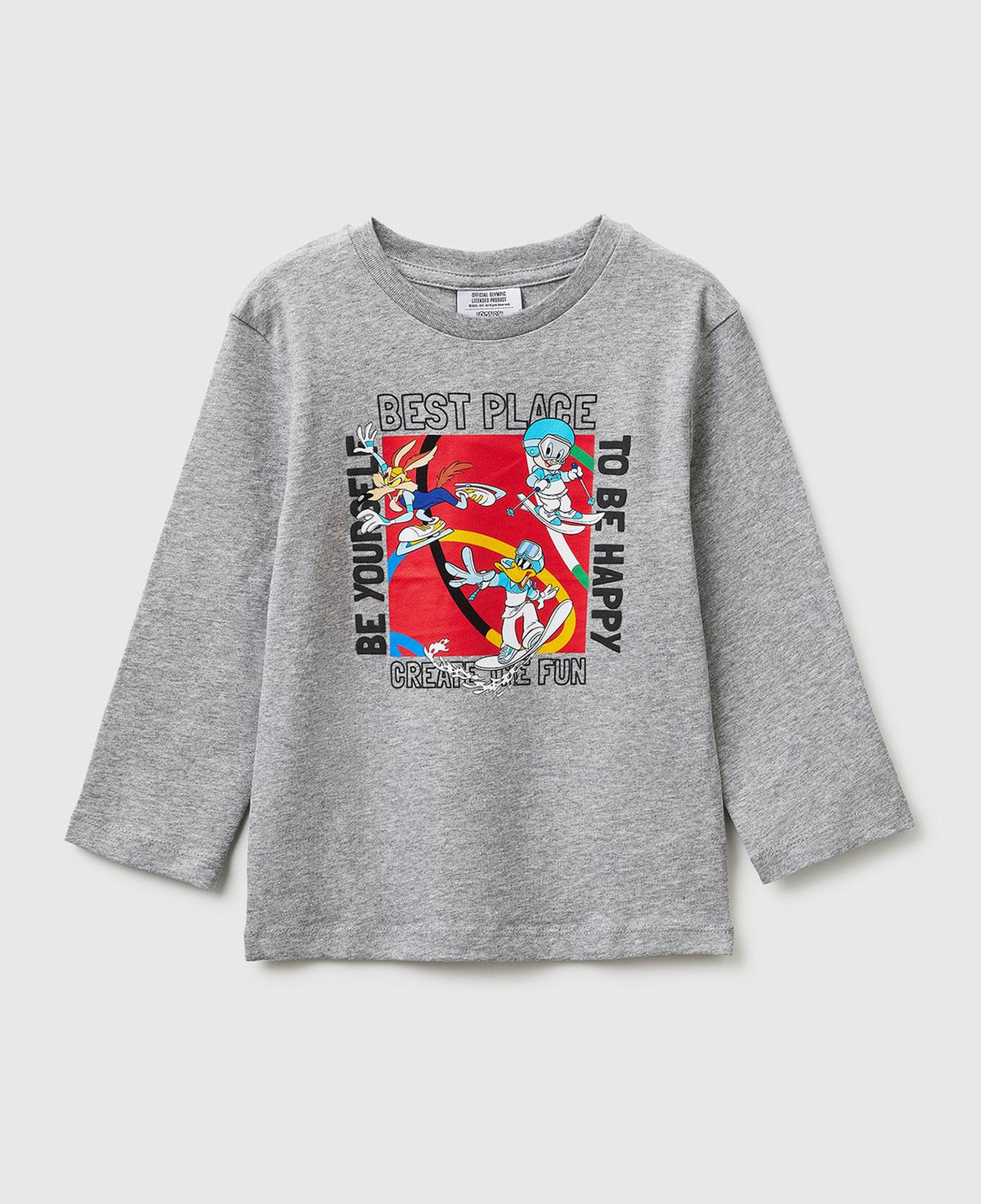 Erkek Çocuk Gri melanj Önü ve Arkası Baskı Detaylı Bisiklet Yaka Uzun Kollu T-Shirt