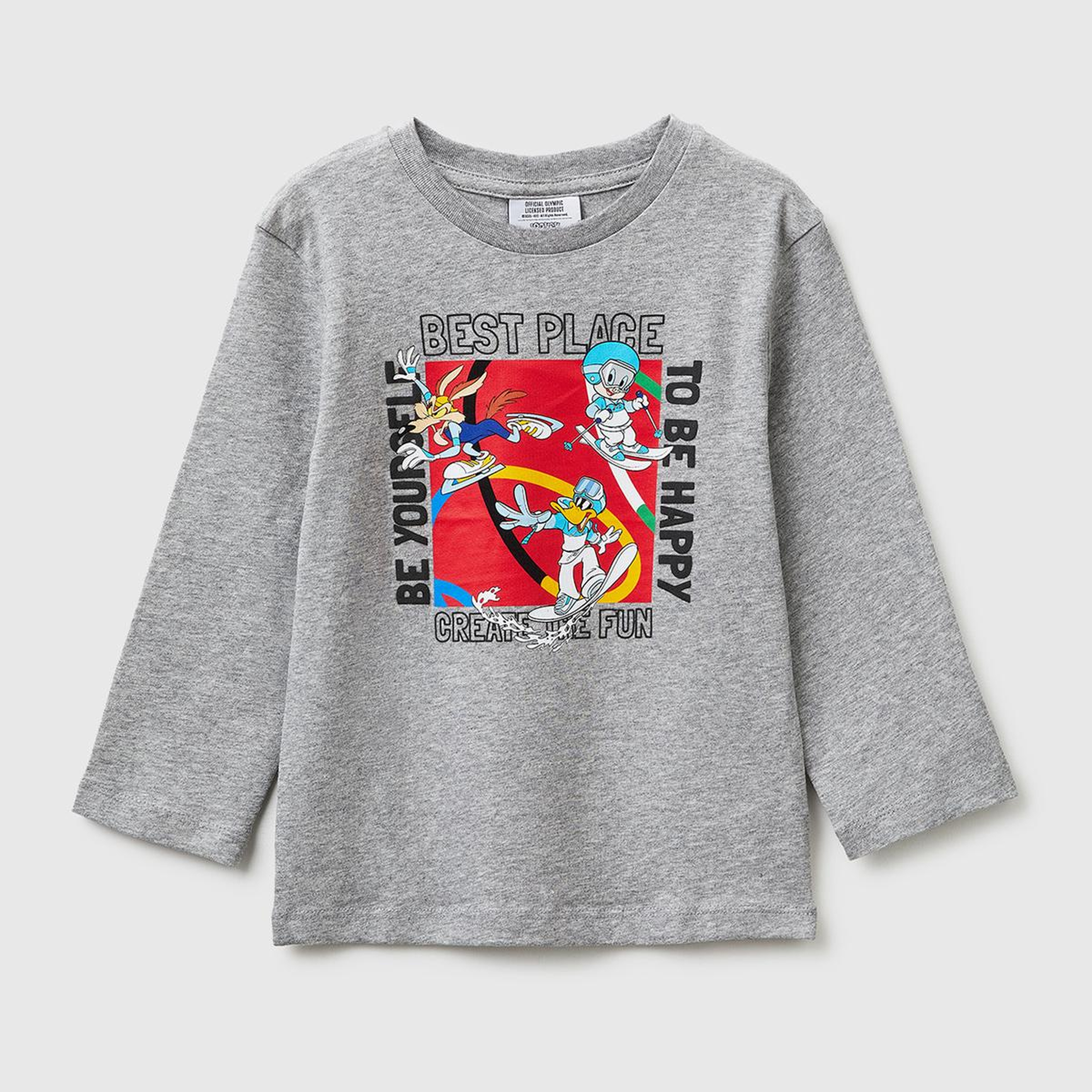 Erkek Çocuk Gri melanj Önü ve Arkası Baskı Detaylı Bisiklet Yaka Uzun Kollu T-Shirt
