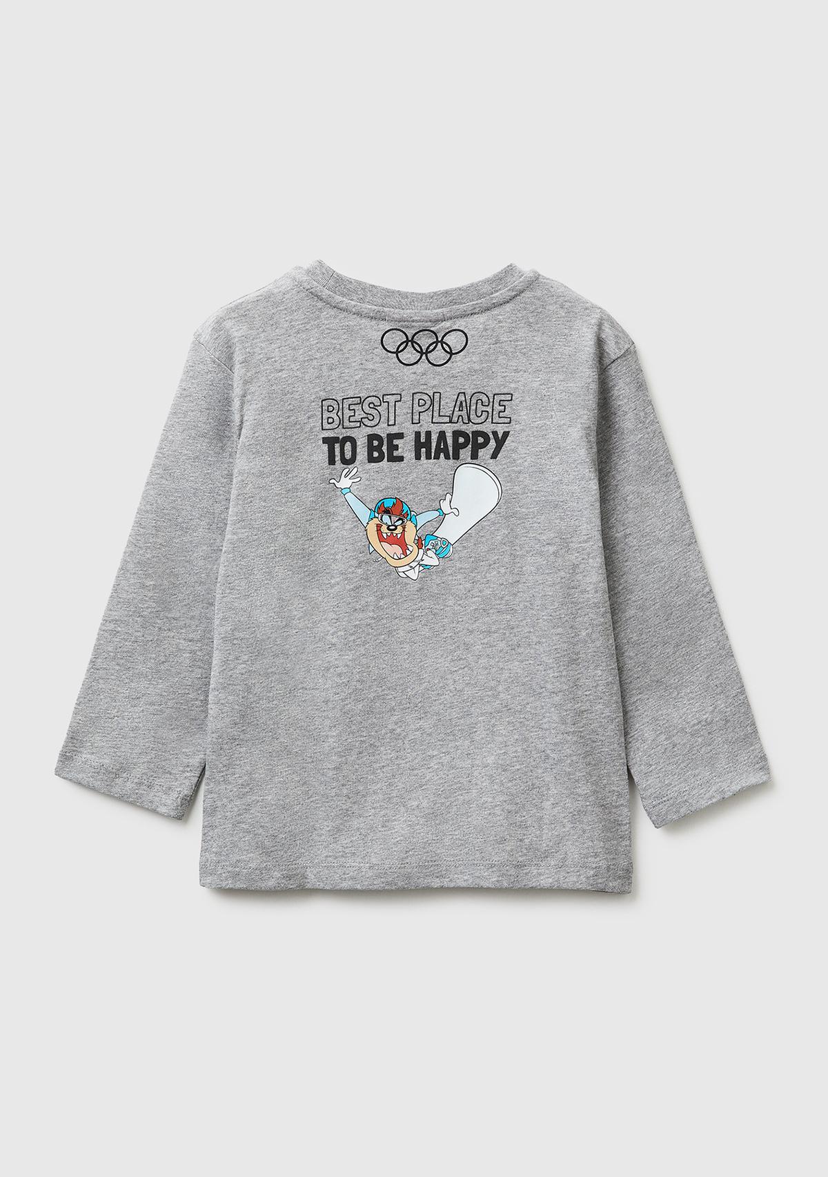 Erkek Çocuk Gri melanj Önü ve Arkası Baskı Detaylı Bisiklet Yaka Uzun Kollu T-Shirt