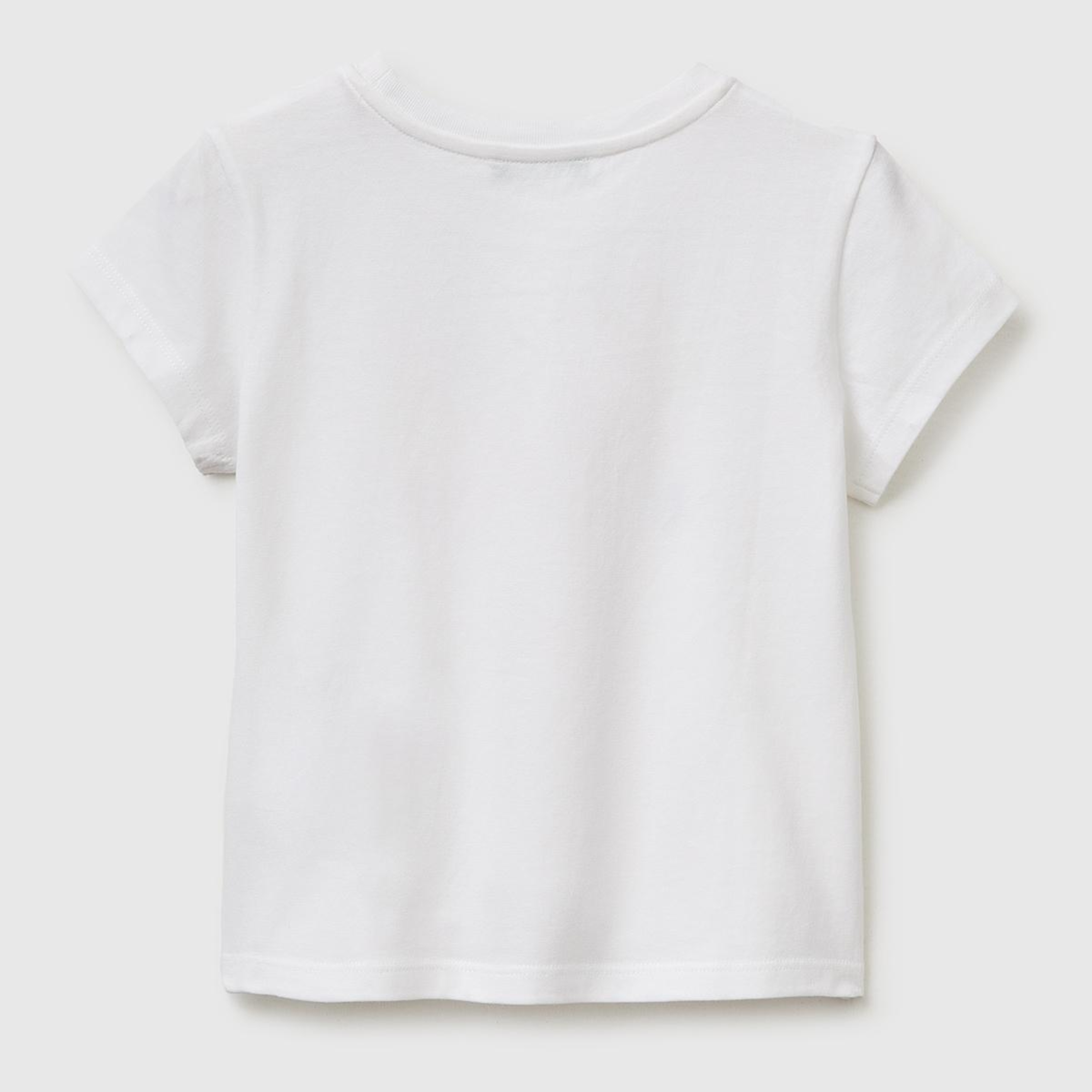 Kız Çocuk Beyaz Simli Grafik Baskılı Kısa Kollu Ribanalı Yaka T-Shirt