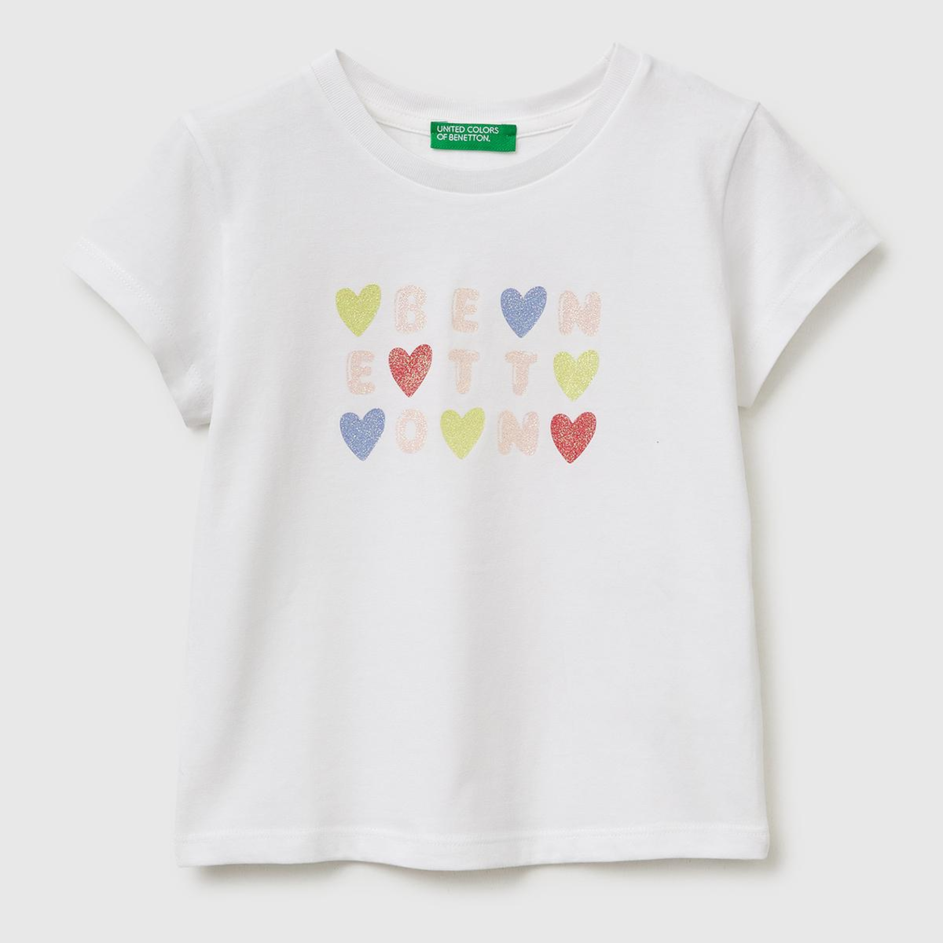 Kız Çocuk Beyaz Simli Grafik Baskılı Kısa Kollu Ribanalı Yaka T-Shirt