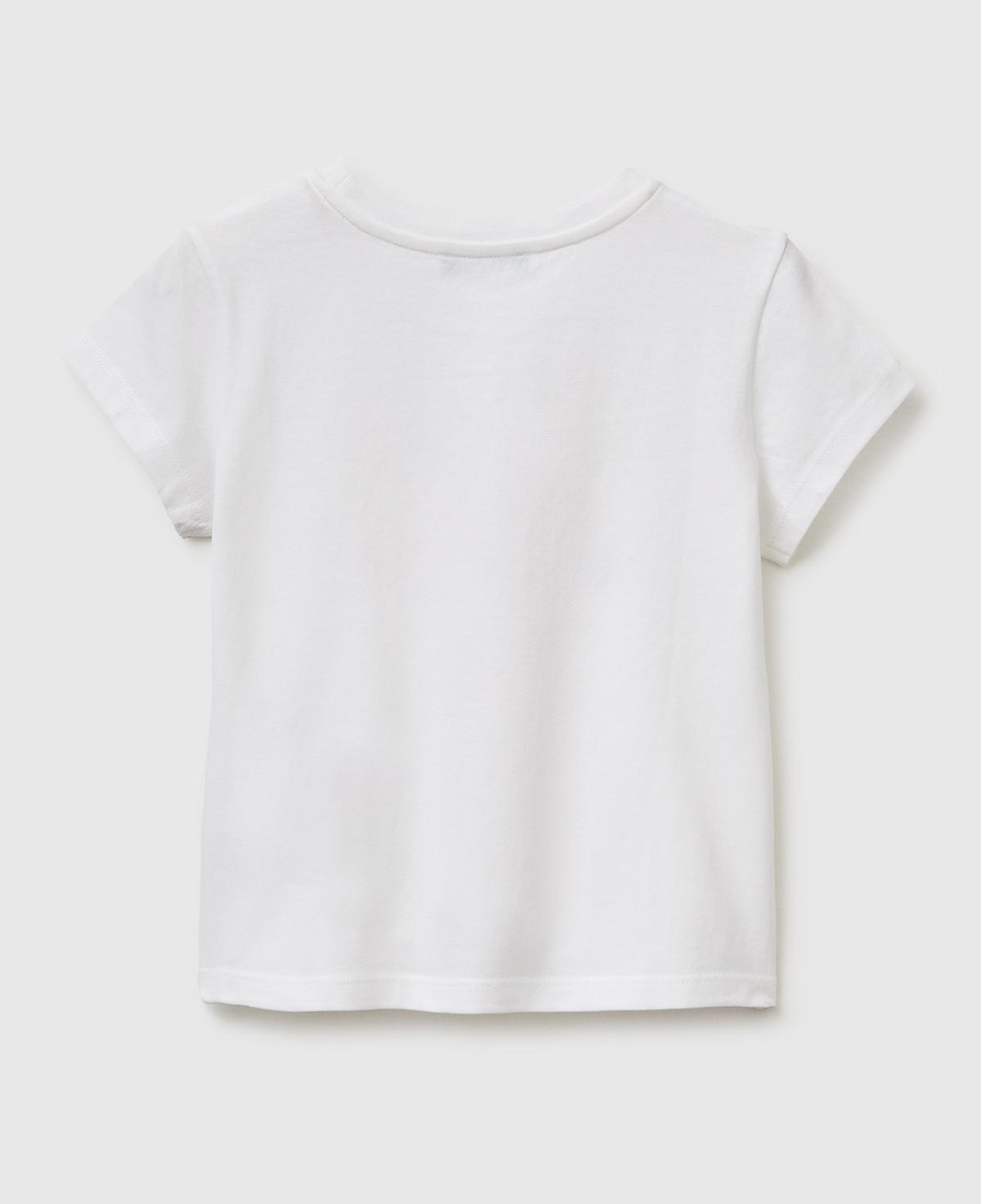 Kız Çocuk Beyaz Simli Grafik Baskılı Kısa Kollu Ribanalı Yaka T-Shirt