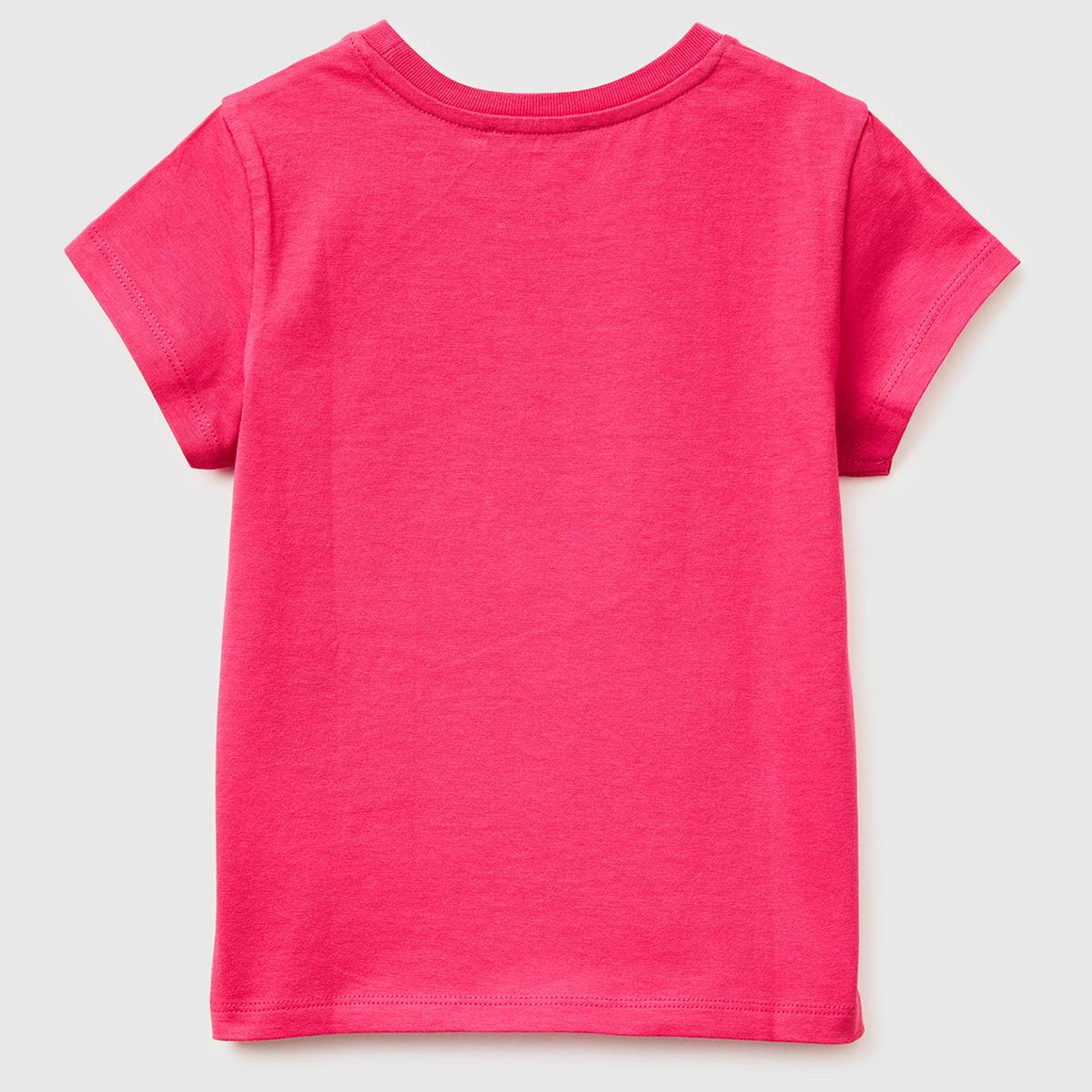 Kız Çocuk Koyu Pembe Simli Grafik Baskılı Kısa Kollu Ribanalı Yaka T-Shirt