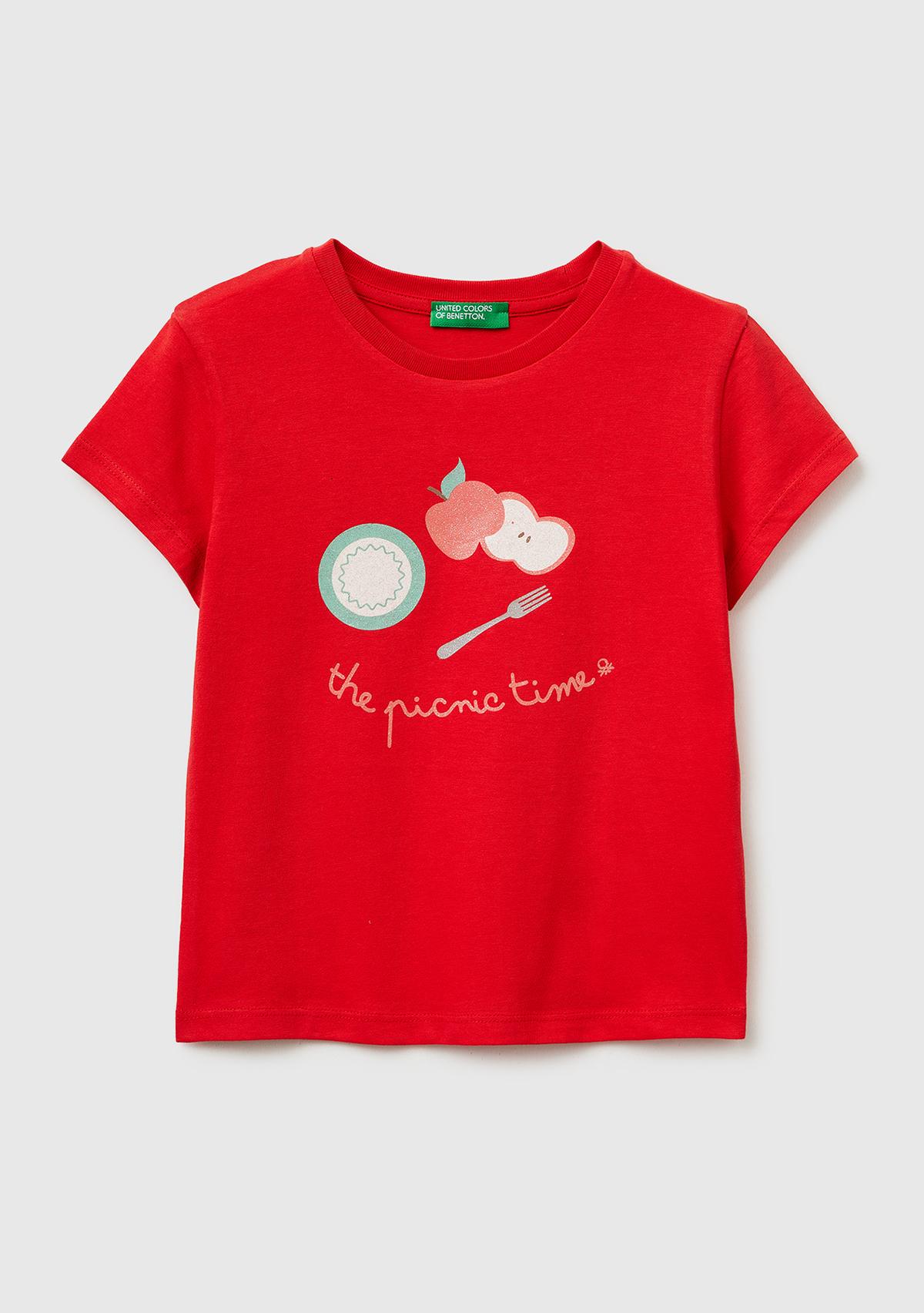 Kız Çocuk Kırmızı Simli Su Bazlı Baskılı Bisiklet Yaka T-Shirt