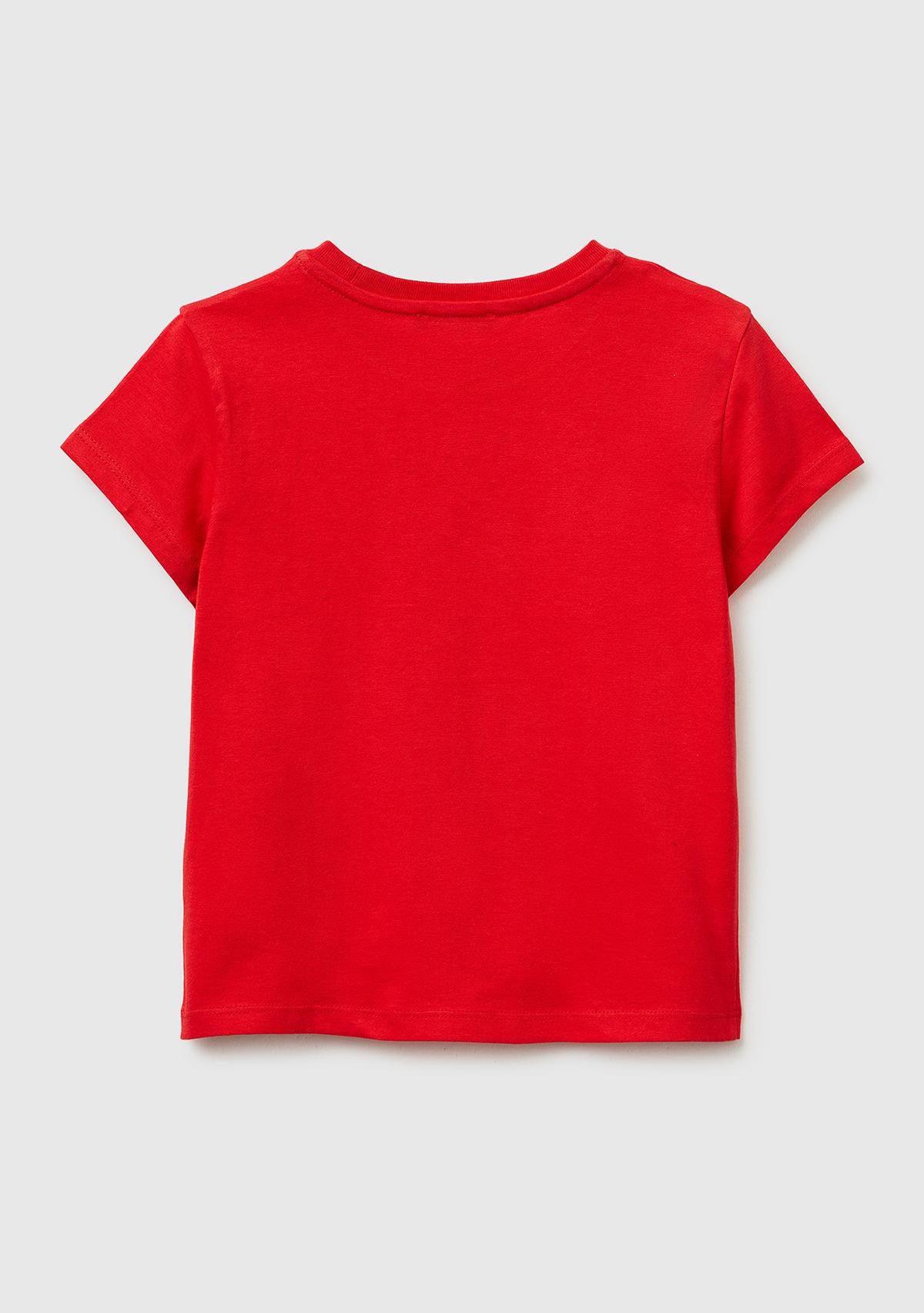 Kız Çocuk Kırmızı Simli Su Bazlı Baskılı Bisiklet Yaka T-Shirt