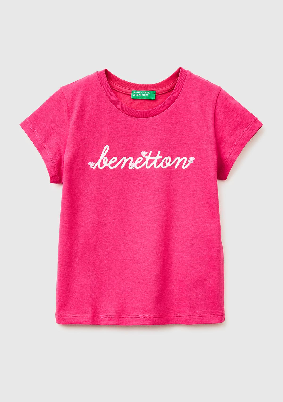 Kız Çocuk Koyu Pembe Simli Grafik Baskılı Kısa Kollu Ribanalı Yaka T-Shirt