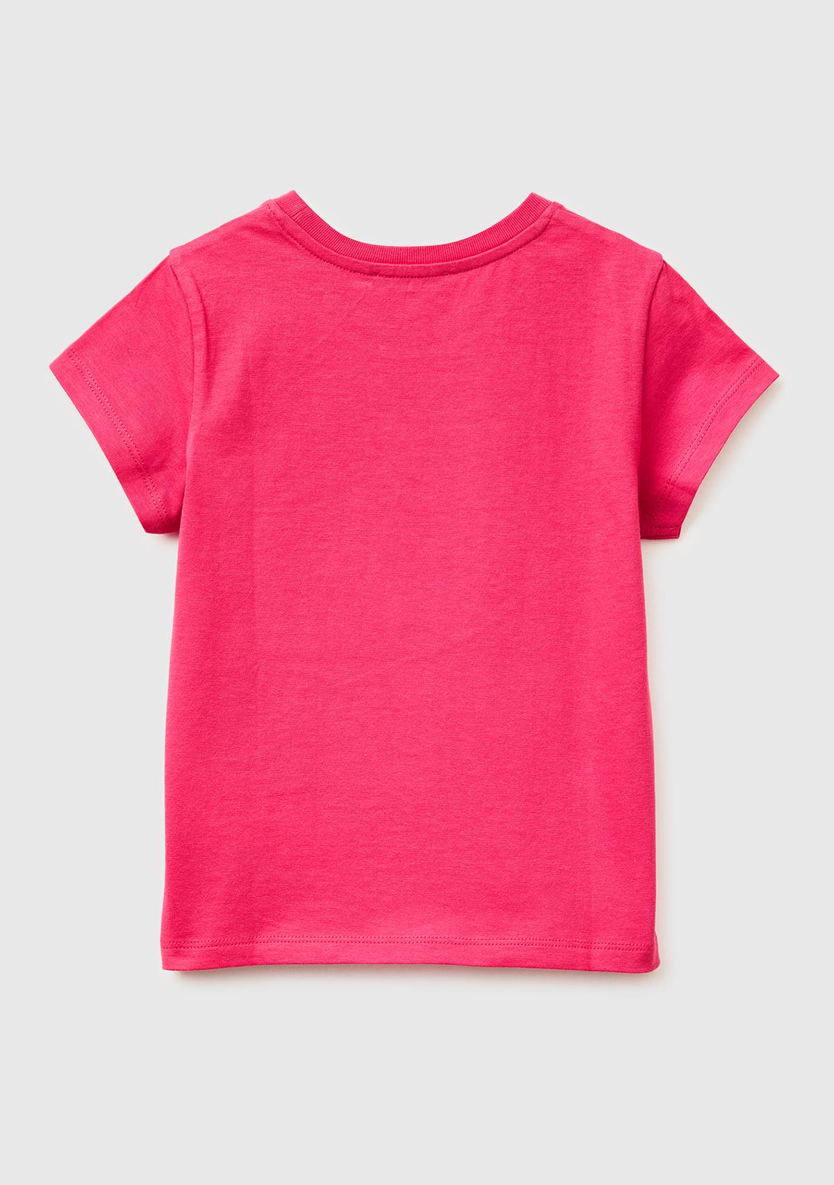 Kız Çocuk Koyu Pembe Simli Grafik Baskılı Kısa Kollu Ribanalı Yaka T-Shirt