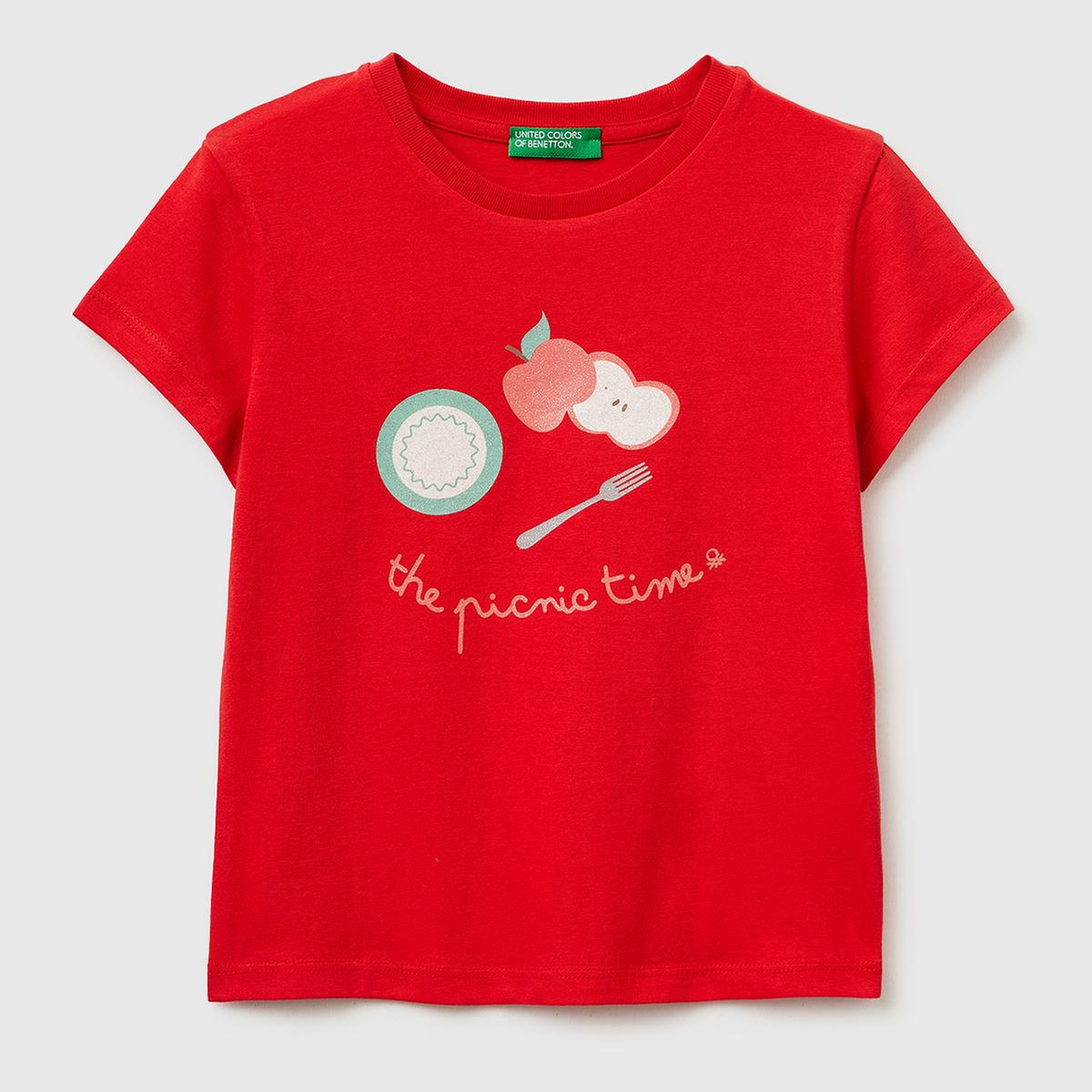 Kız Çocuk Kırmızı Simli Su Bazlı Baskılı Bisiklet Yaka T-Shirt