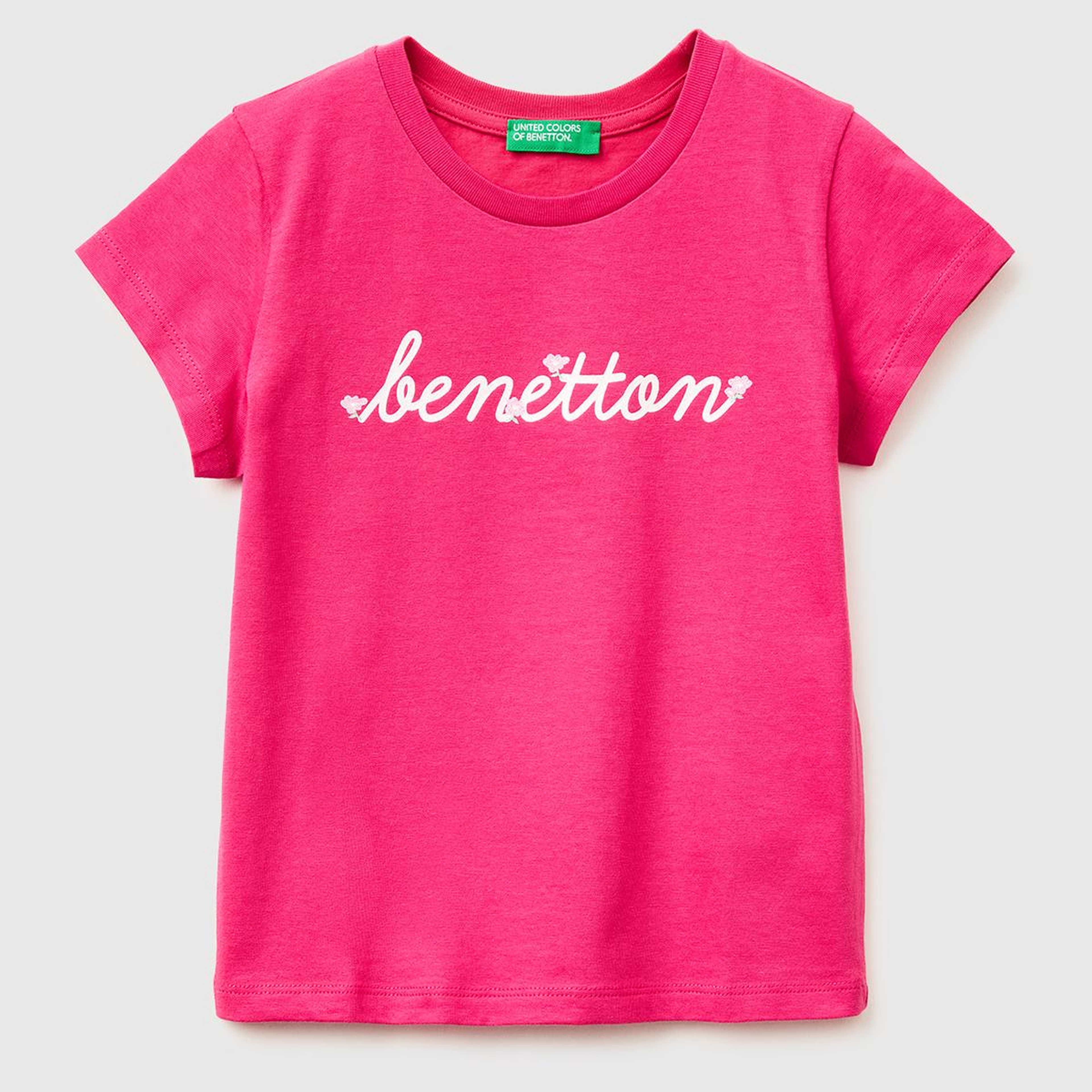 Kız Çocuk Koyu Pembe Simli Grafik Baskılı Kısa Kollu Ribanalı Yaka T-Shirt