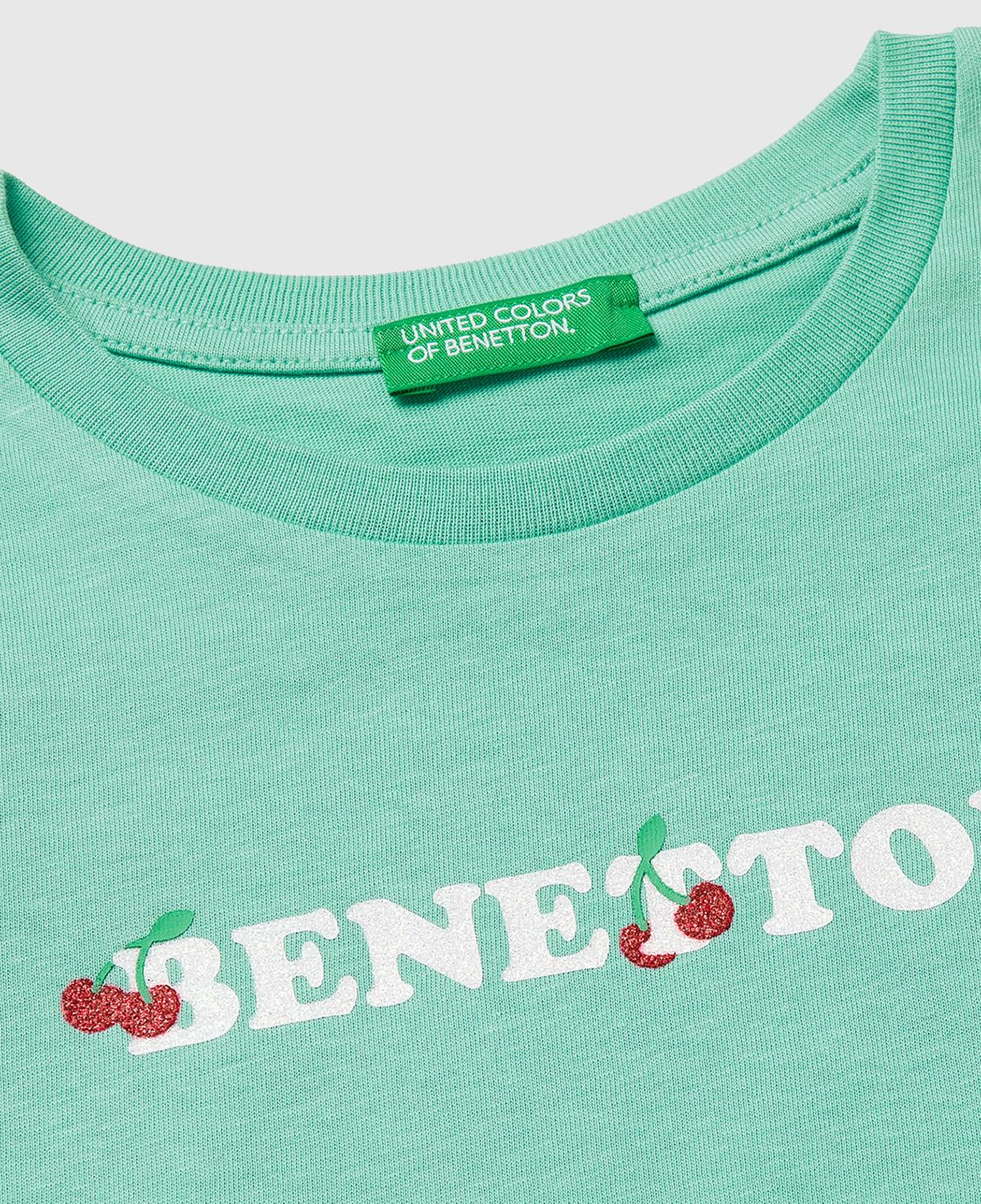 Kız Çocuk Mint Simli Grafik Baskılı Kısa Kollu Ribanalı Yaka T-Shirt
