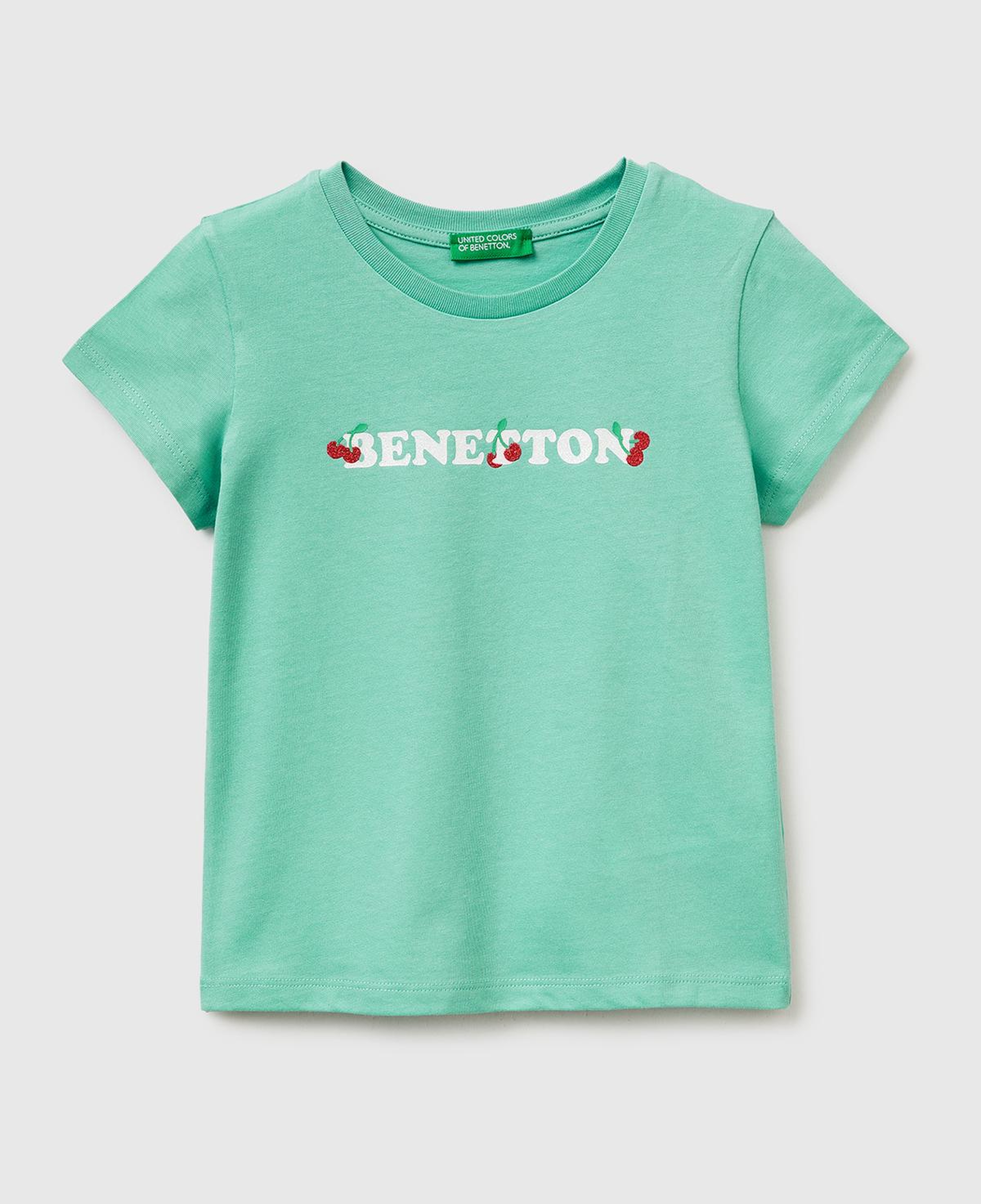 Kız Çocuk Mint Simli Grafik Baskılı Kısa Kollu Ribanalı Yaka T-Shirt